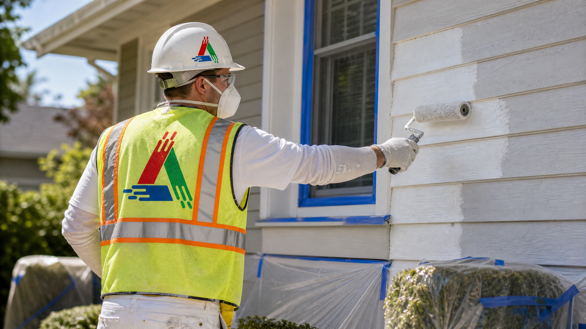 Professional painter in respirator and safety glasses rolling exterior siding with drop sheets below