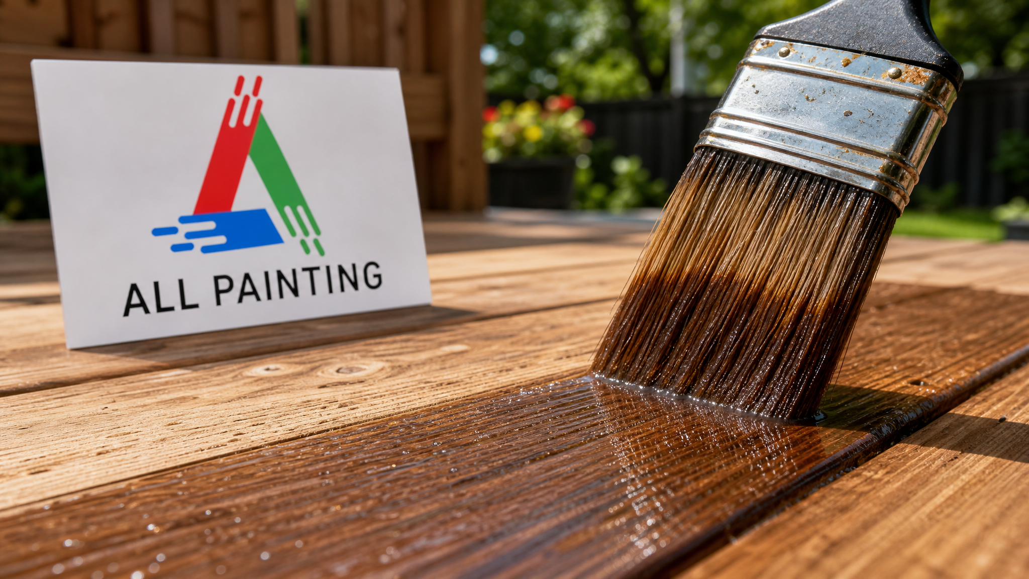 Close-up of semi-transparent stain penetrating cedar deck wood grain with a small All Painting branded sign placard nearby