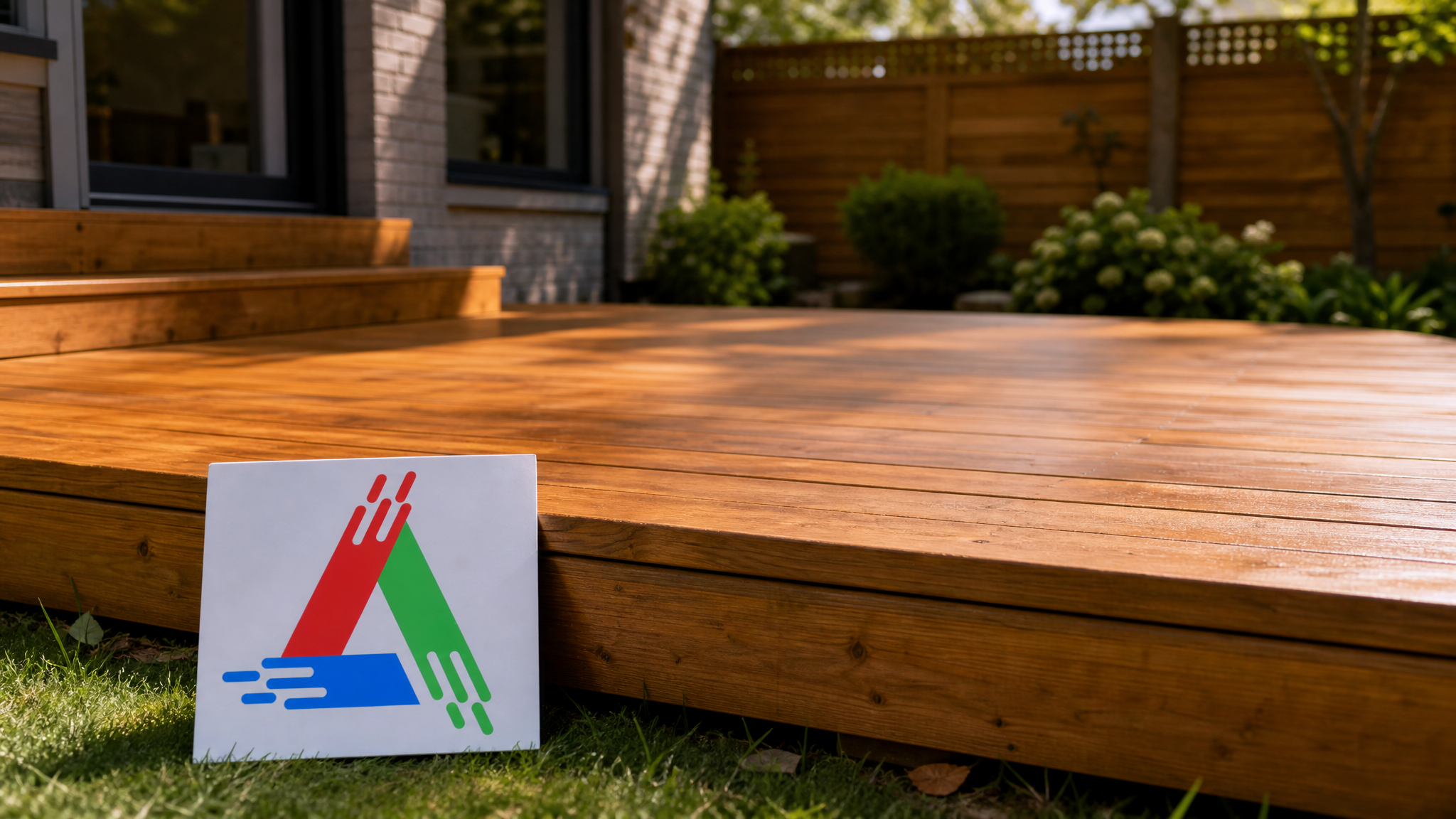 Freshly stained backyard cedar deck in a Toronto home glowing warm amber in summer daylight