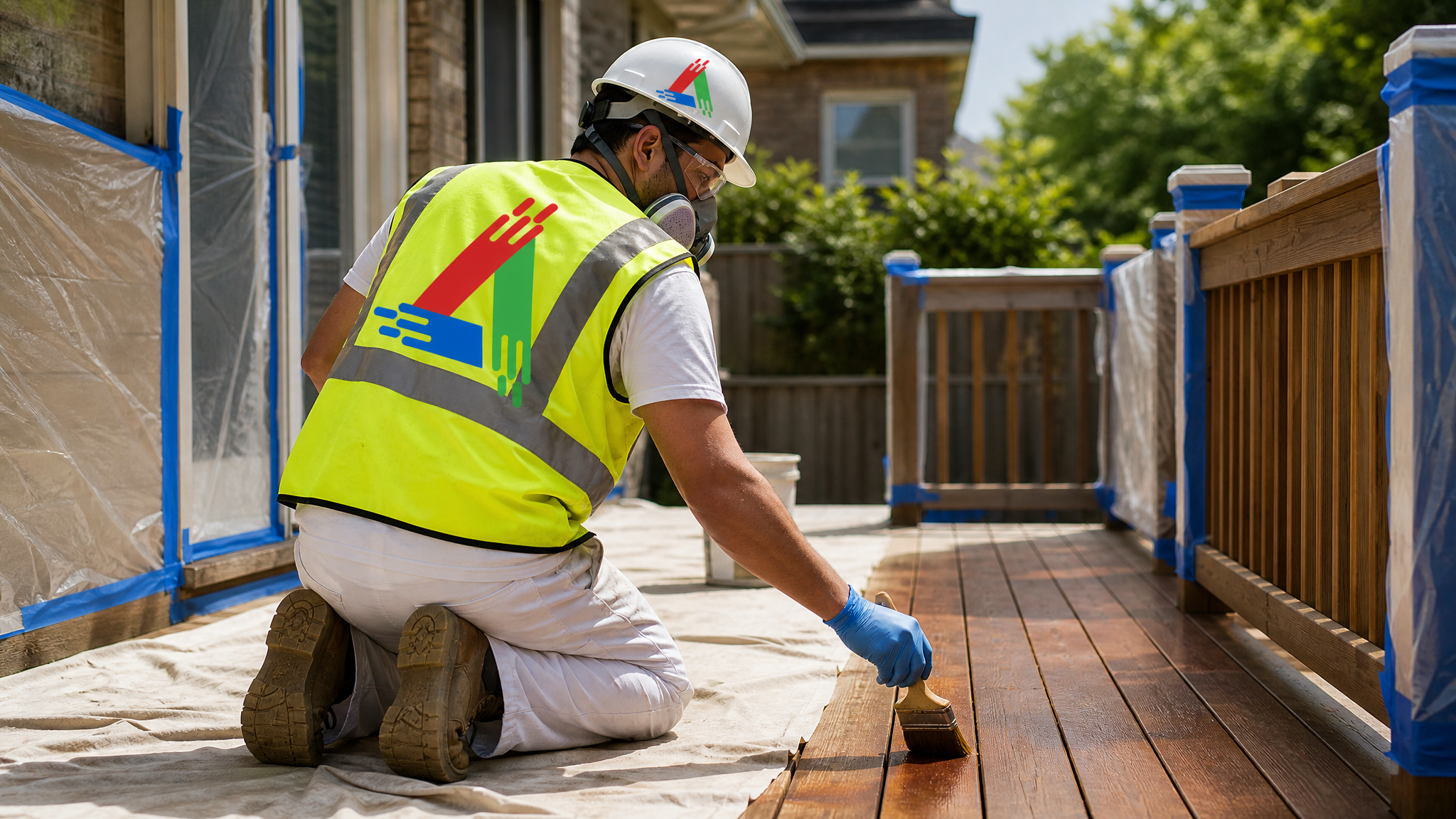 Professional painter in a respirator and gloves brushing stain onto a Toronto deck with drop sheets protecting the surrounding surfaces