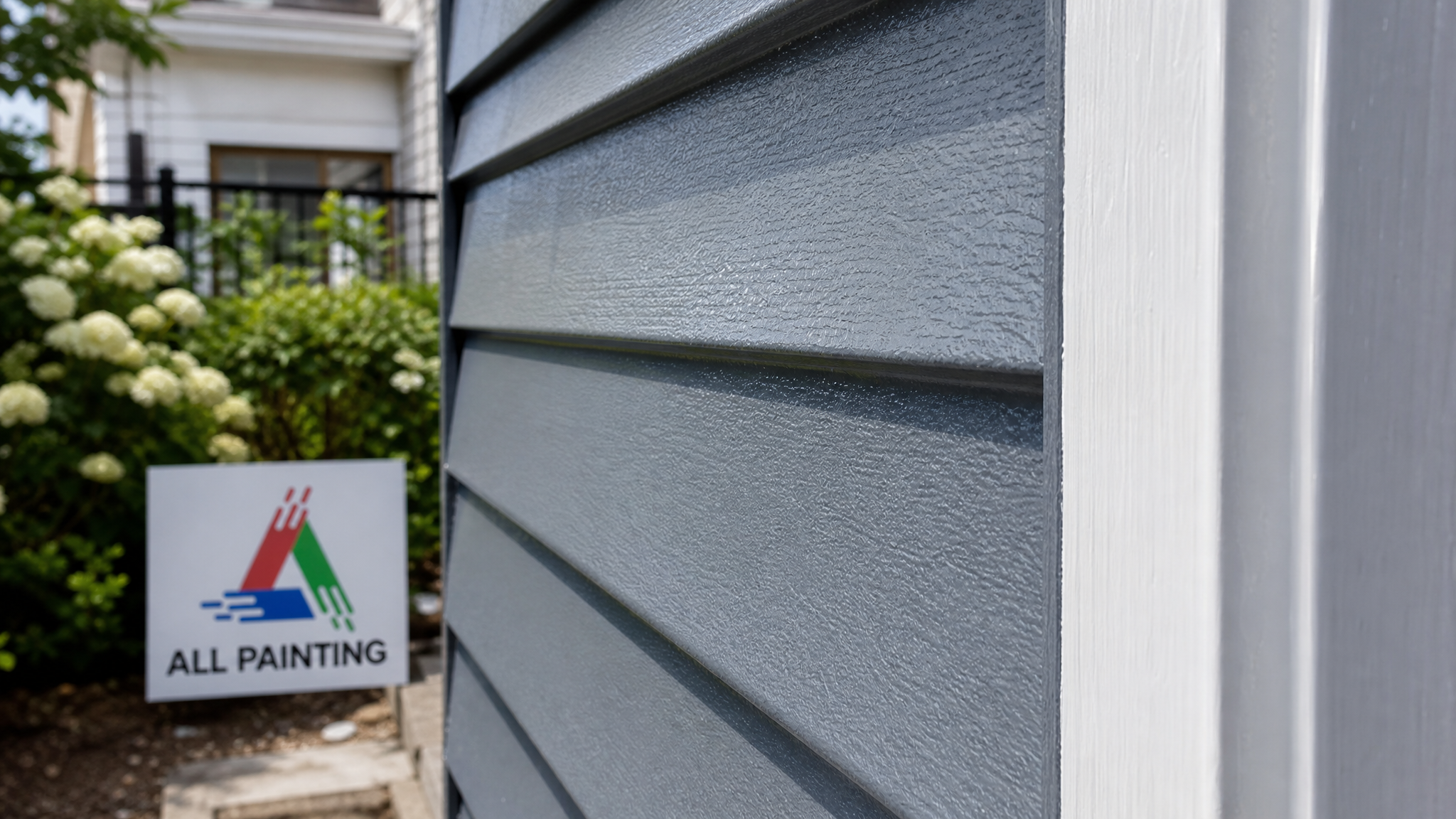 Close-up of a crisp cut-in line and even acrylic film on freshly painted aluminum siding with a small All Painting sign placard nearby