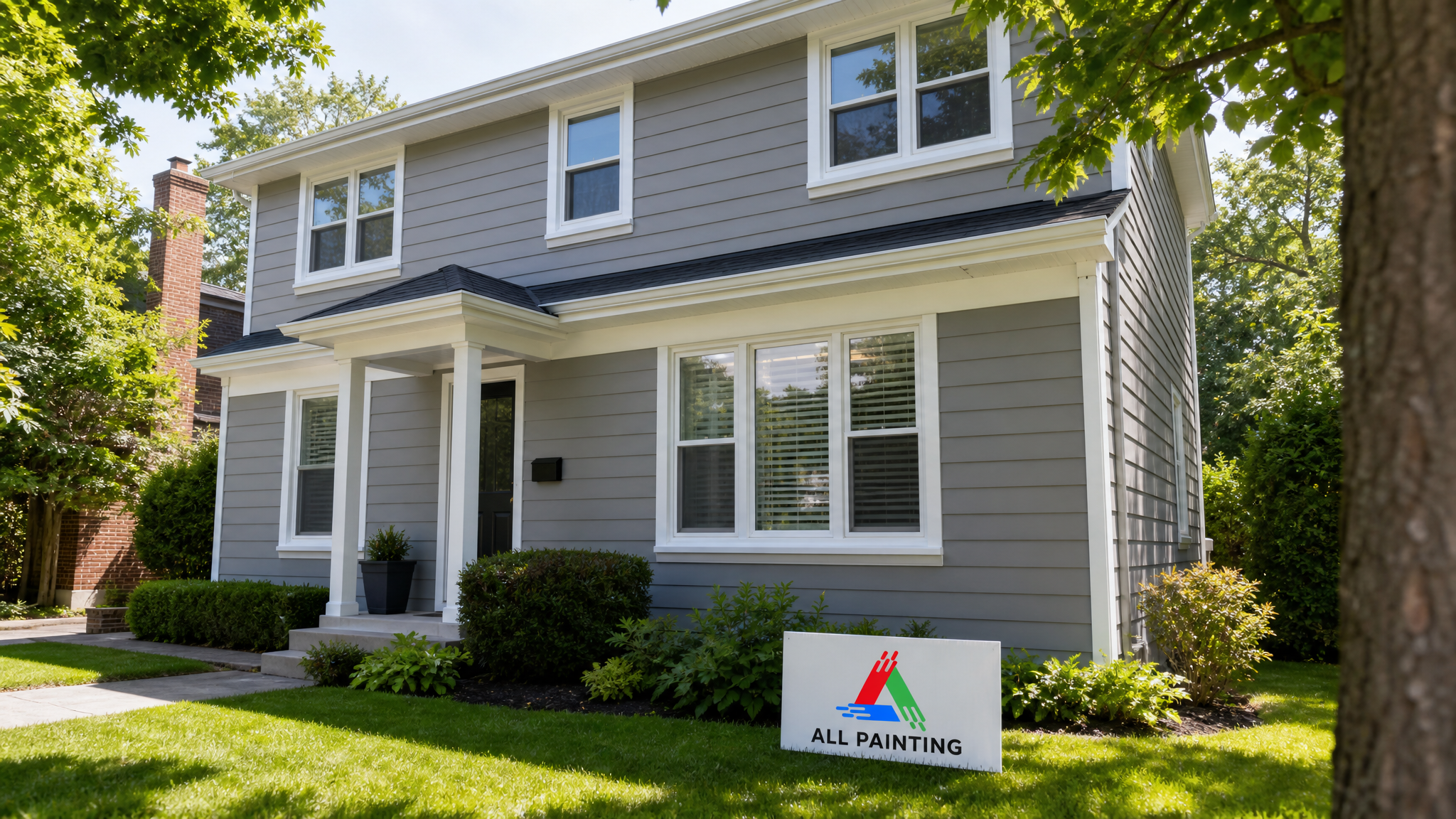 Freshly painted aluminum siding on a Toronto home in warm summer daylight with a small All Painting sign placard nearby