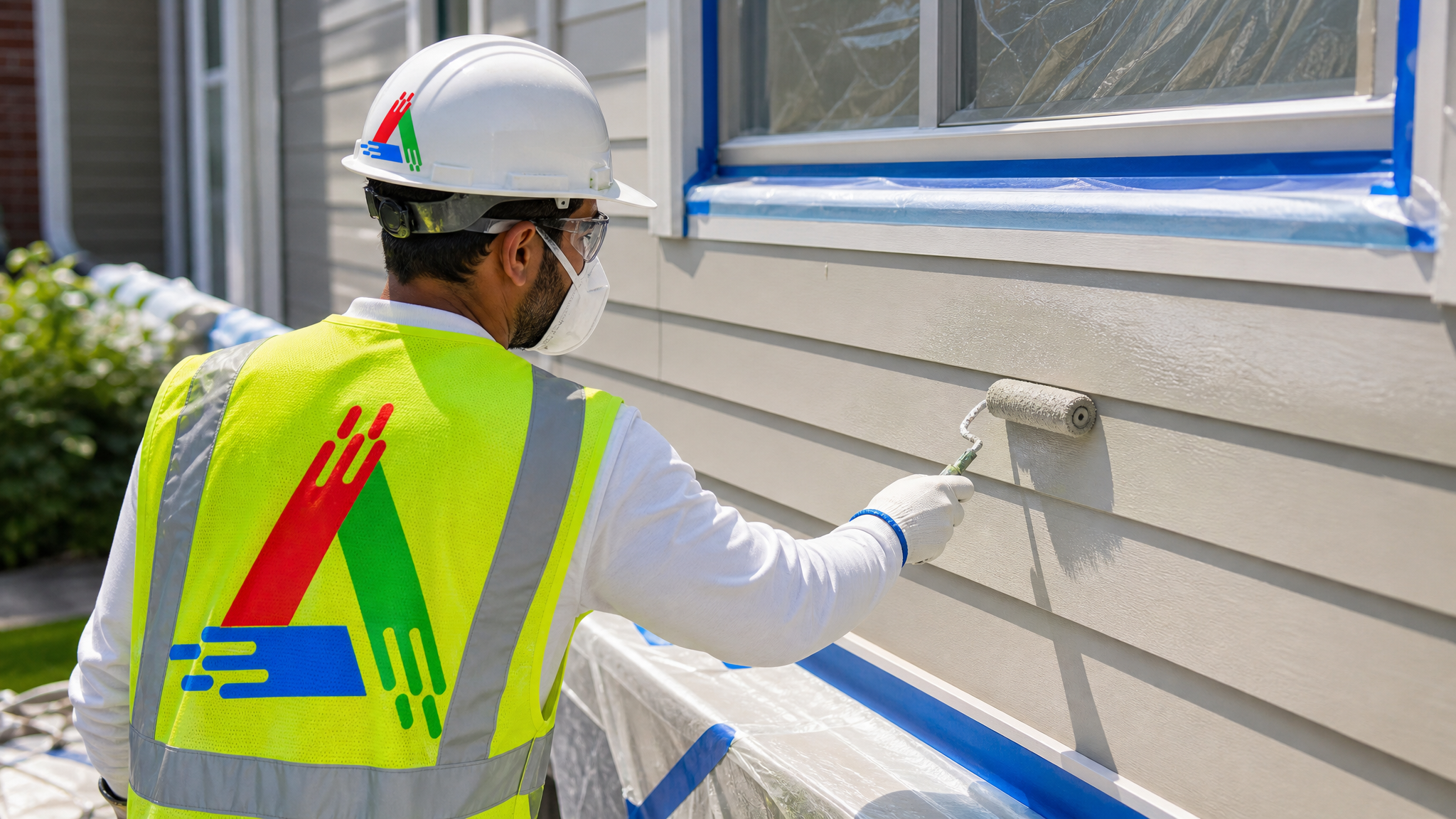Professional painter spraying and back-rolling aluminum siding while wearing a respirator, safety glasses and gloves with drop sheets protecting the ground