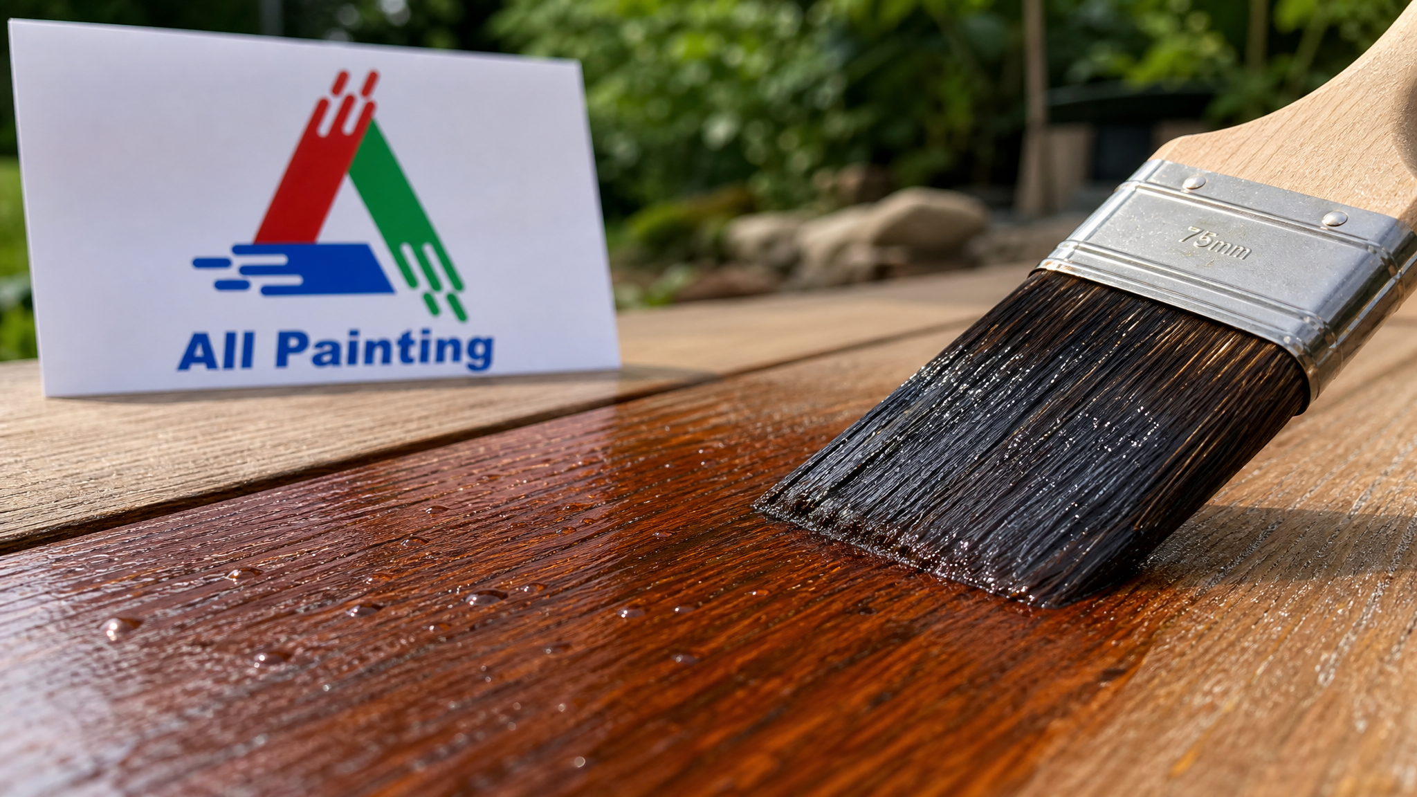 Close-up of semi-transparent stain penetrating the wood grain of a deck board, showing rich colour and water beading, with a small All Painting sign placard nearby