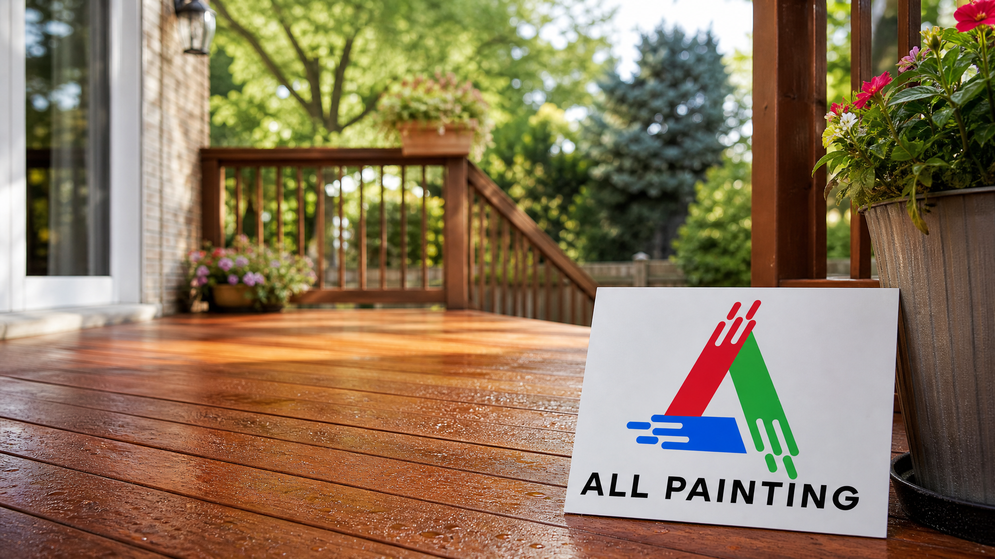 Freshly sealed cedar backyard deck glowing in warm Toronto summer daylight with a small All Painting sign placard nearby