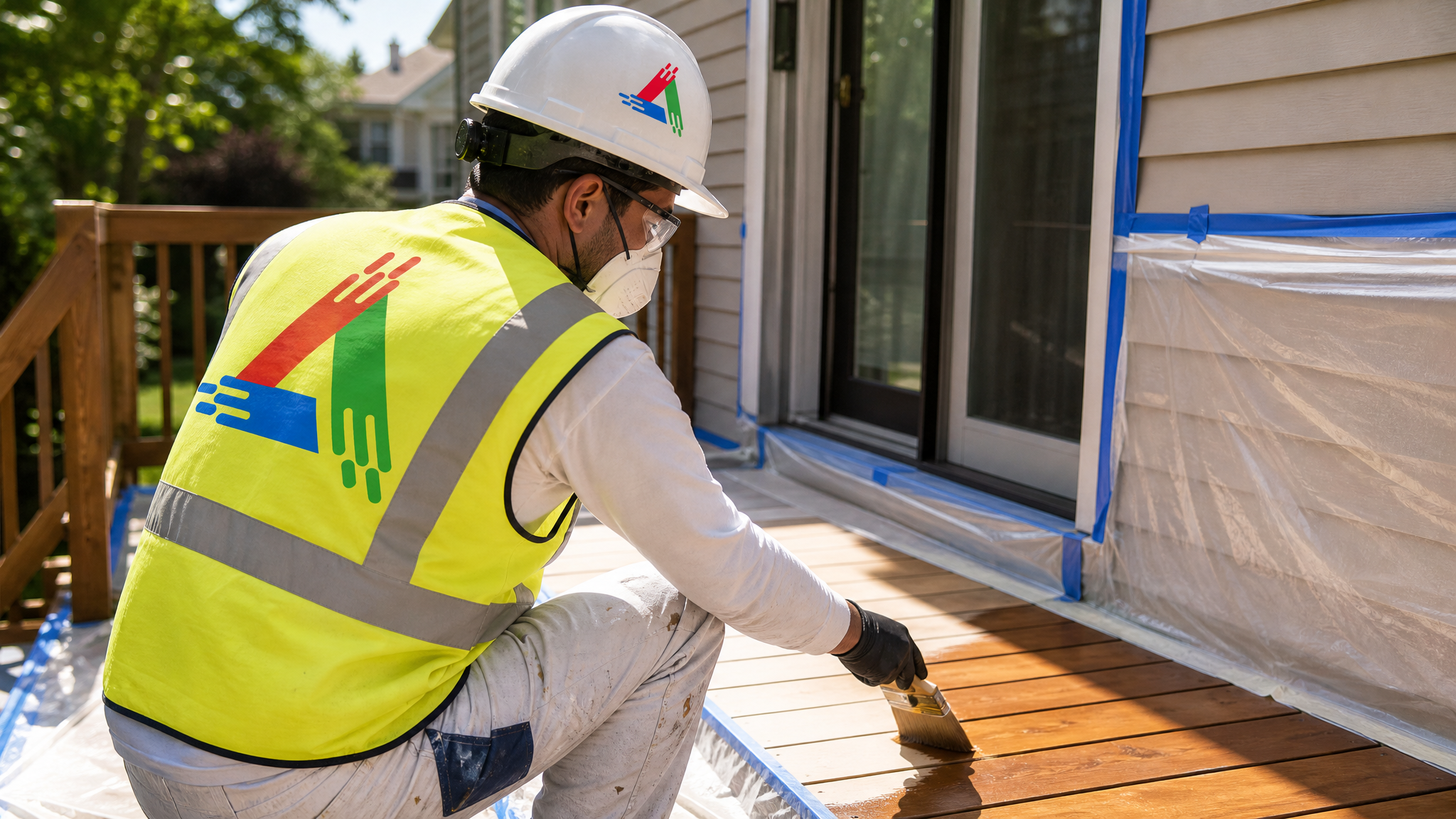 Professional All Painting painter in painter's attire, respirator, safety glasses and gloves brushing sealer onto deck boards with drop sheets protecting the surroundings