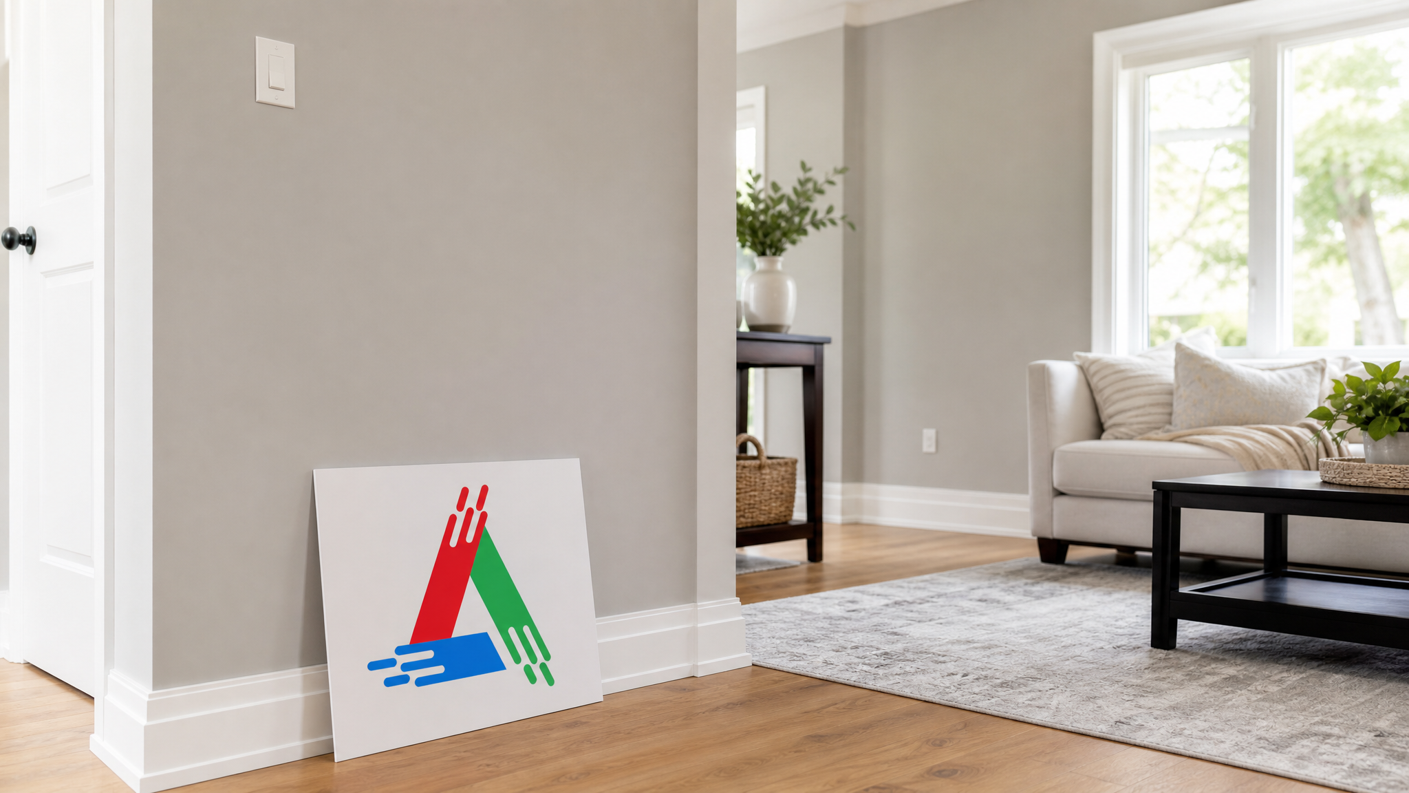 Freshly painted Hamilton living room with crisp white trim and warm grey walls in natural summer daylight