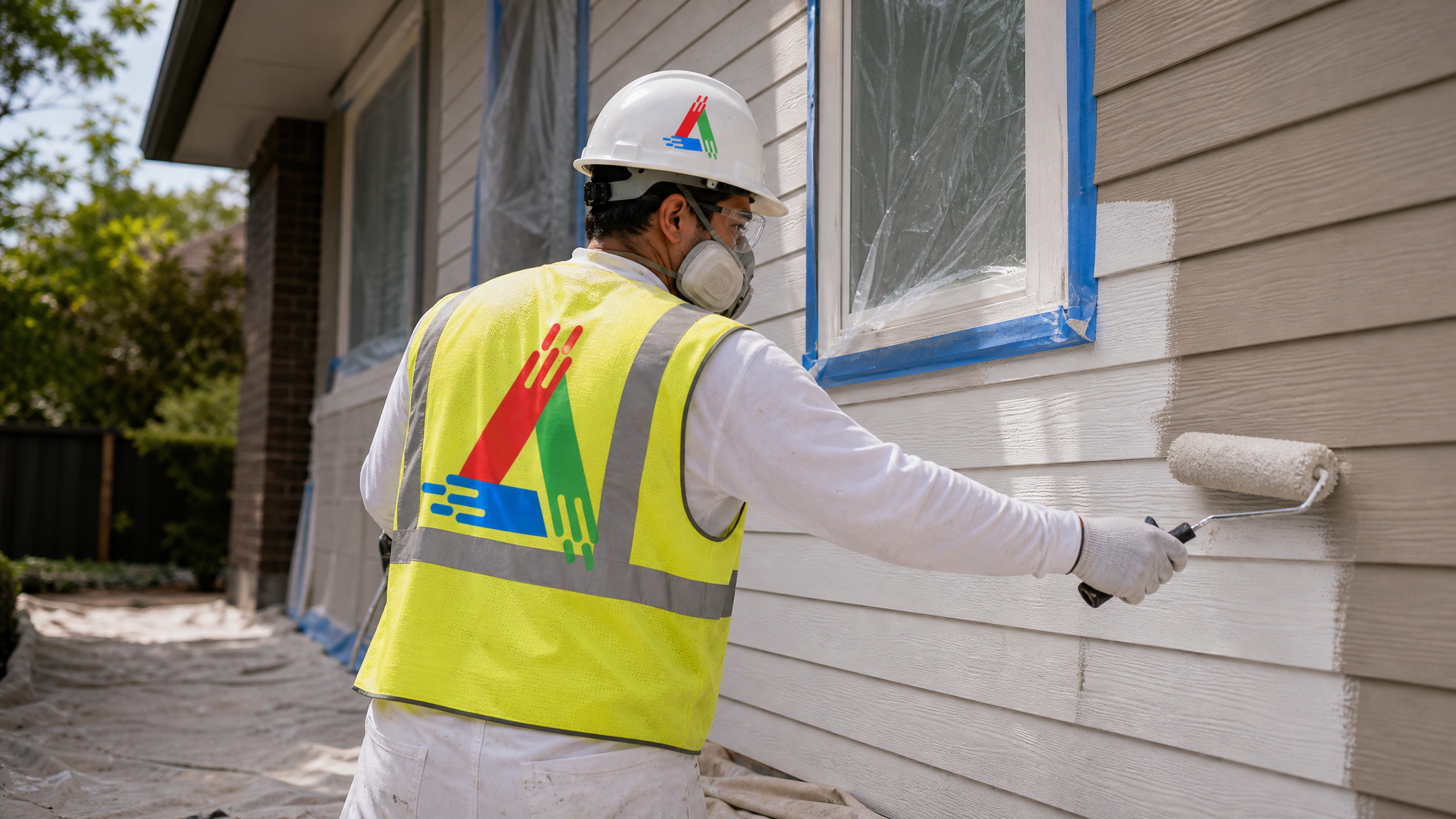 Professional painter in a respirator, safety glasses and gloves rolling exterior siding on a Hamilton home with drop sheets protecting the ground