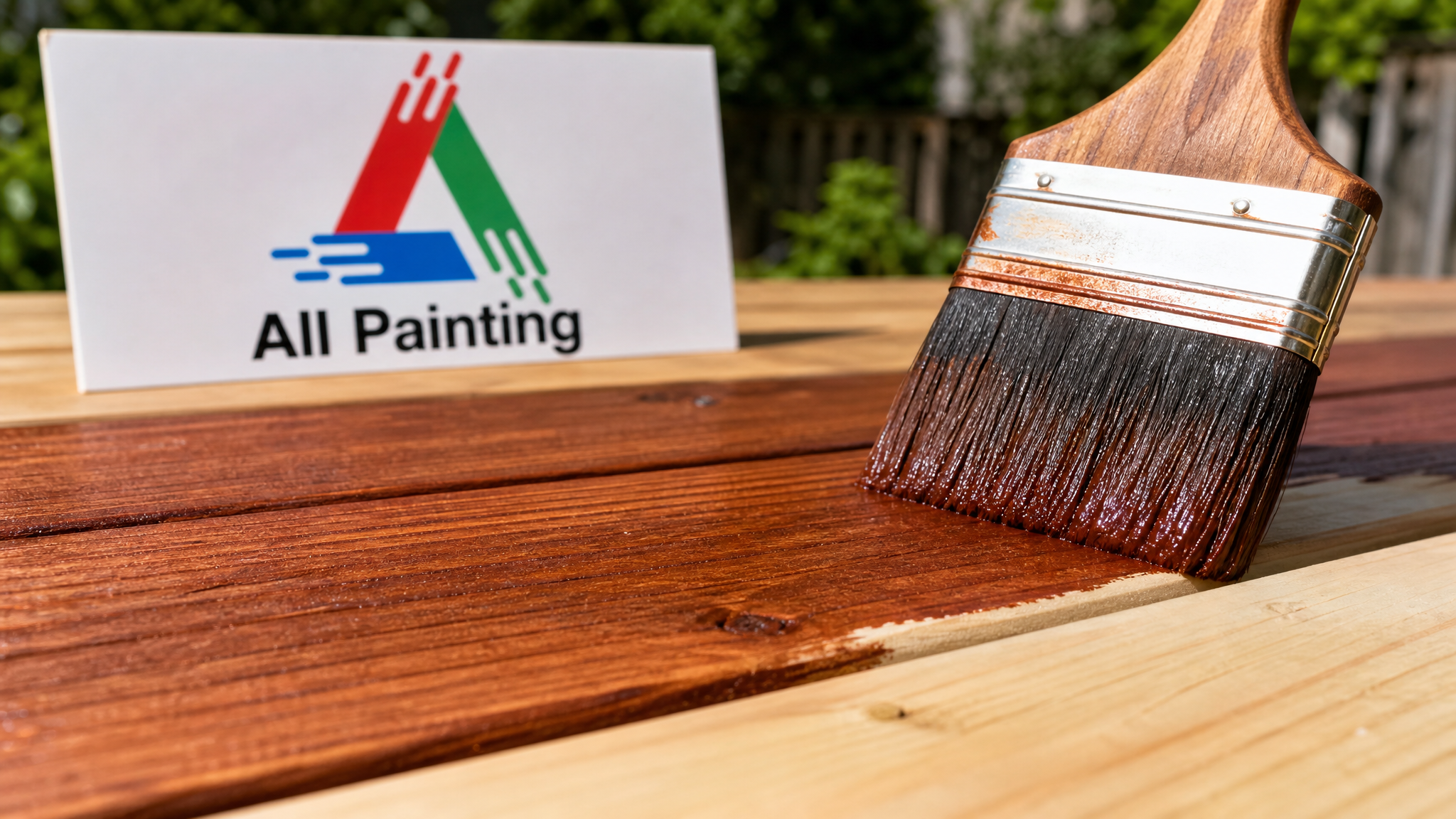 Close-up of deck stain penetrating the wood grain of a new board, showing rich colour absorption in summer light