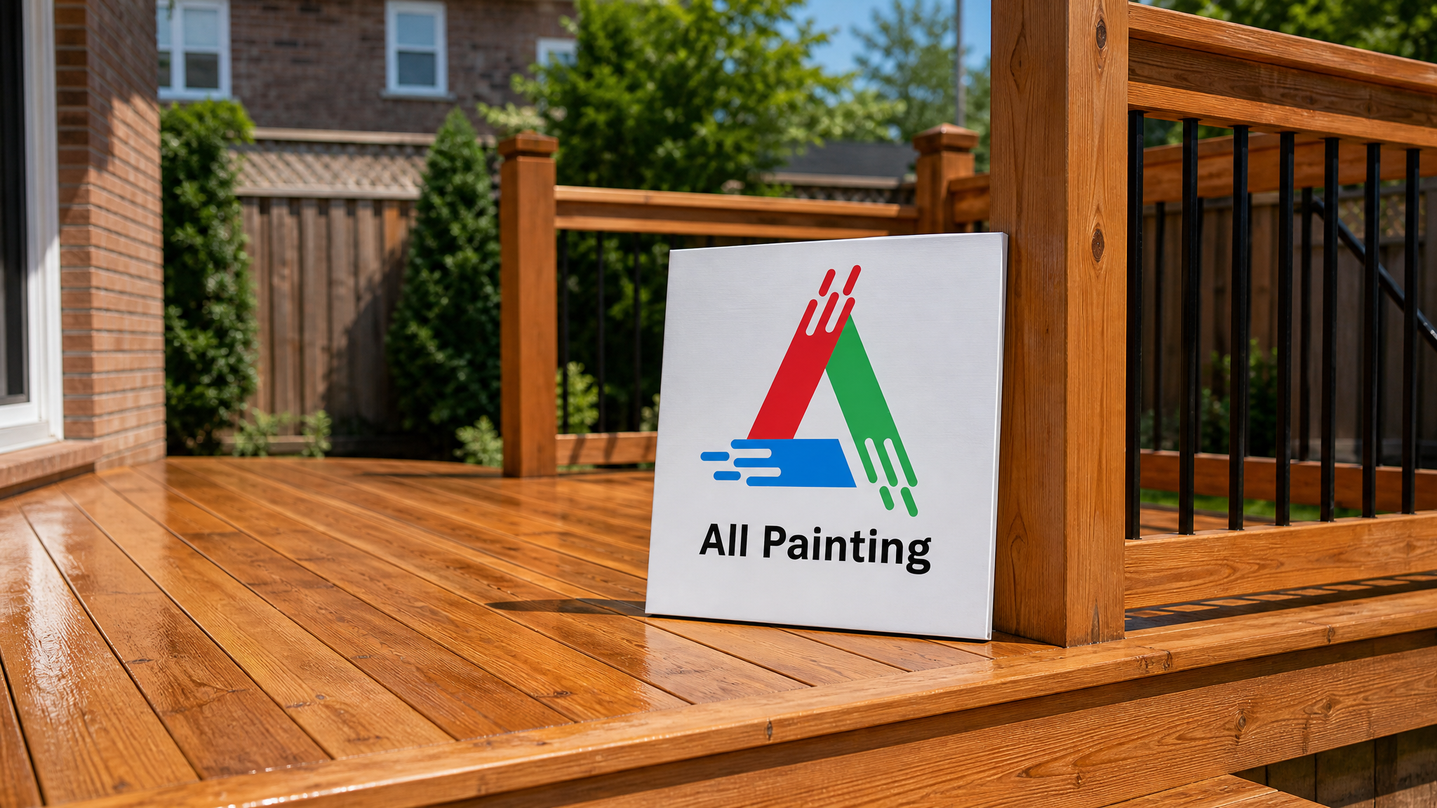 Freshly stained new cedar deck in a Toronto backyard with warm honey-toned finish under summer daylight