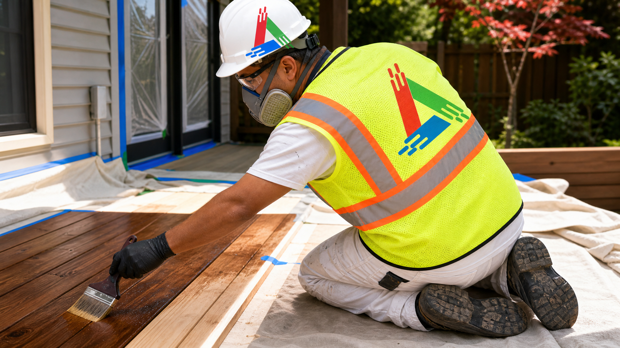 Professional painter in respirator, safety glasses and gloves brushing stain onto a new deck board with drop sheets protecting the patio
