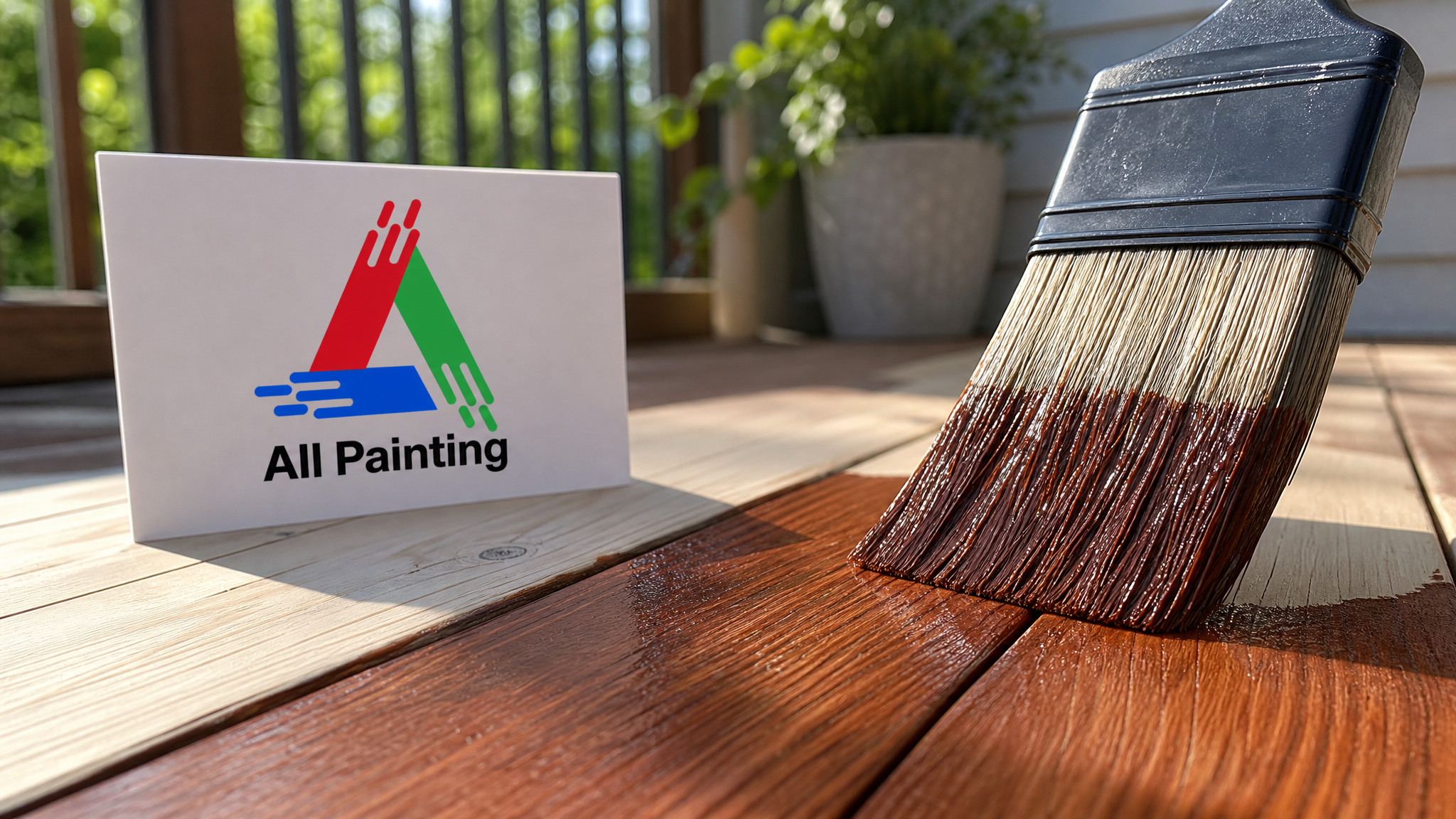 Close-up of deck stain penetrating and colouring wood grain, showing the difference between rich pigment absorption and the natural grain texture