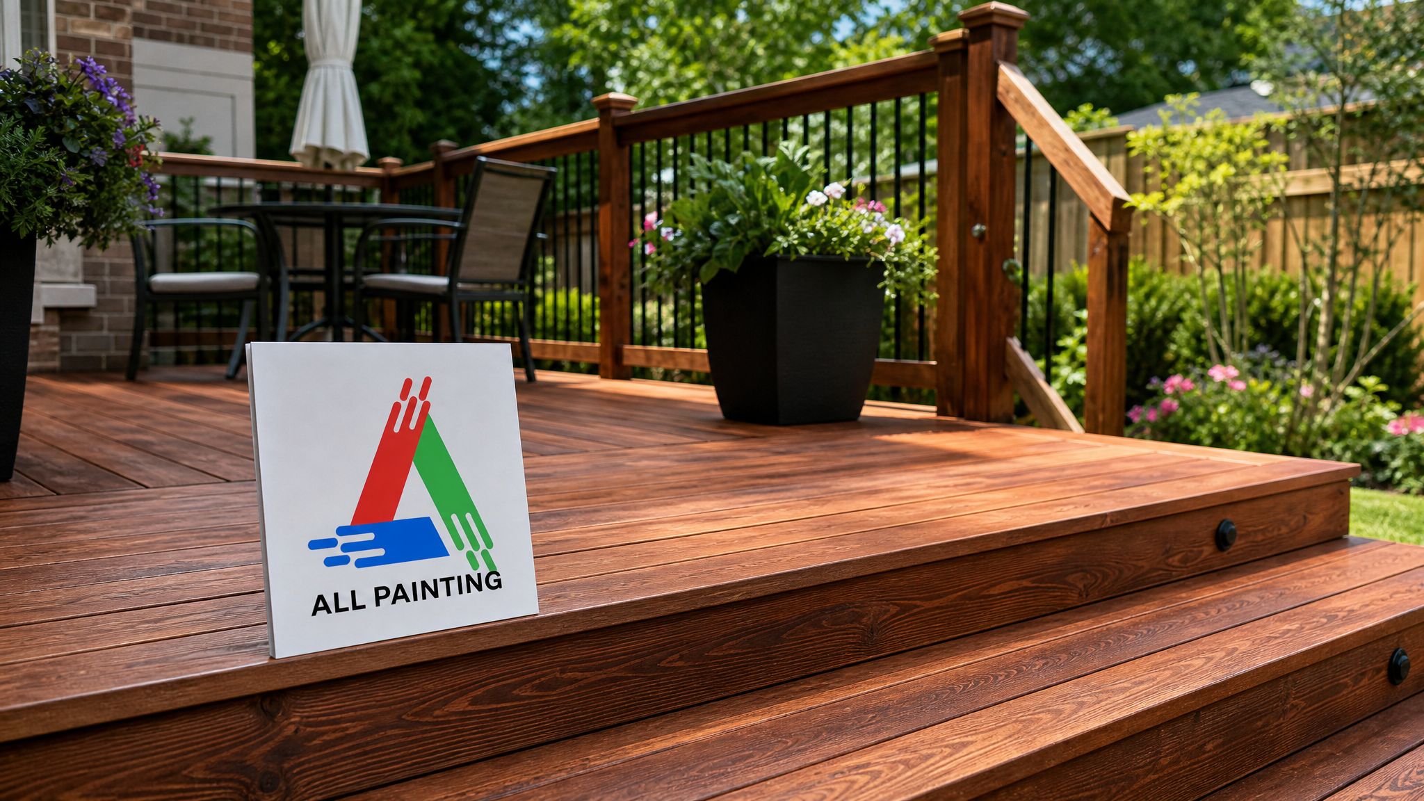 Freshly stained backyard cedar deck in a Toronto neighbourhood on a sunny summer day, rich even colour with visible wood grain