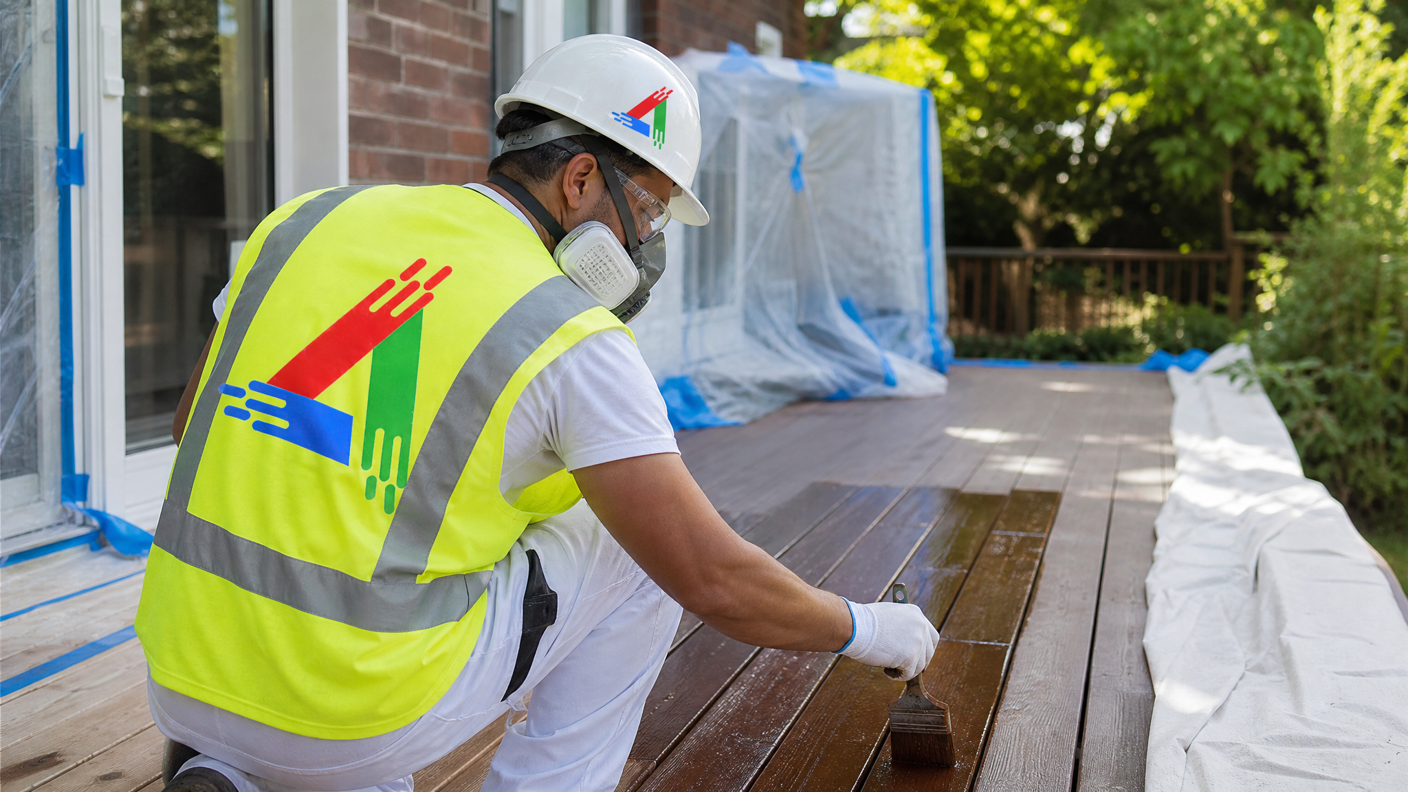 Professional painter in painter's attire, respirator, safety glasses and gloves brushing stain onto deck boards with drop sheets protecting the surrounding patio