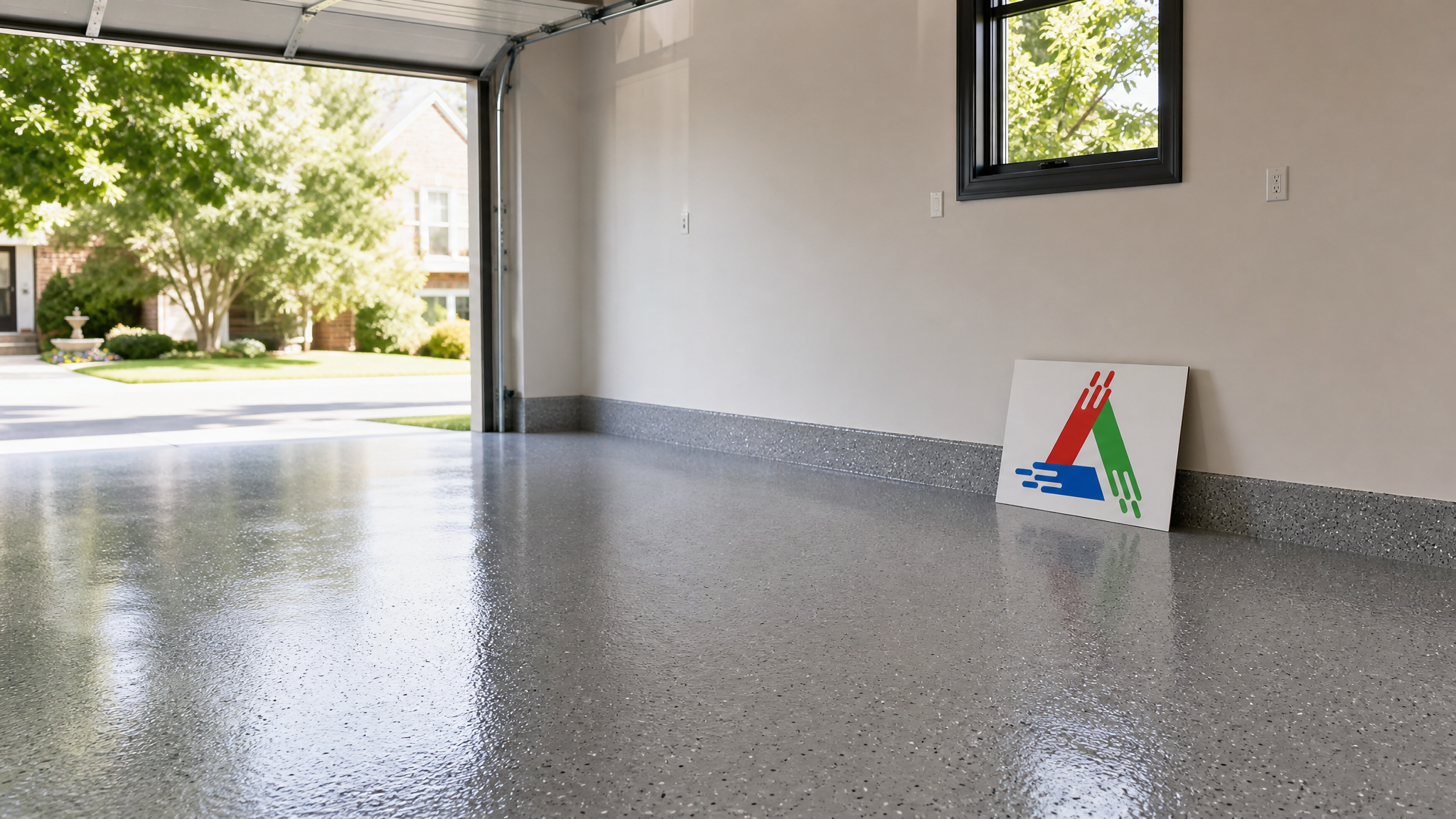 Freshly finished grey epoxy-coated garage floor in a bright Toronto garage with a small All Painting sign placard