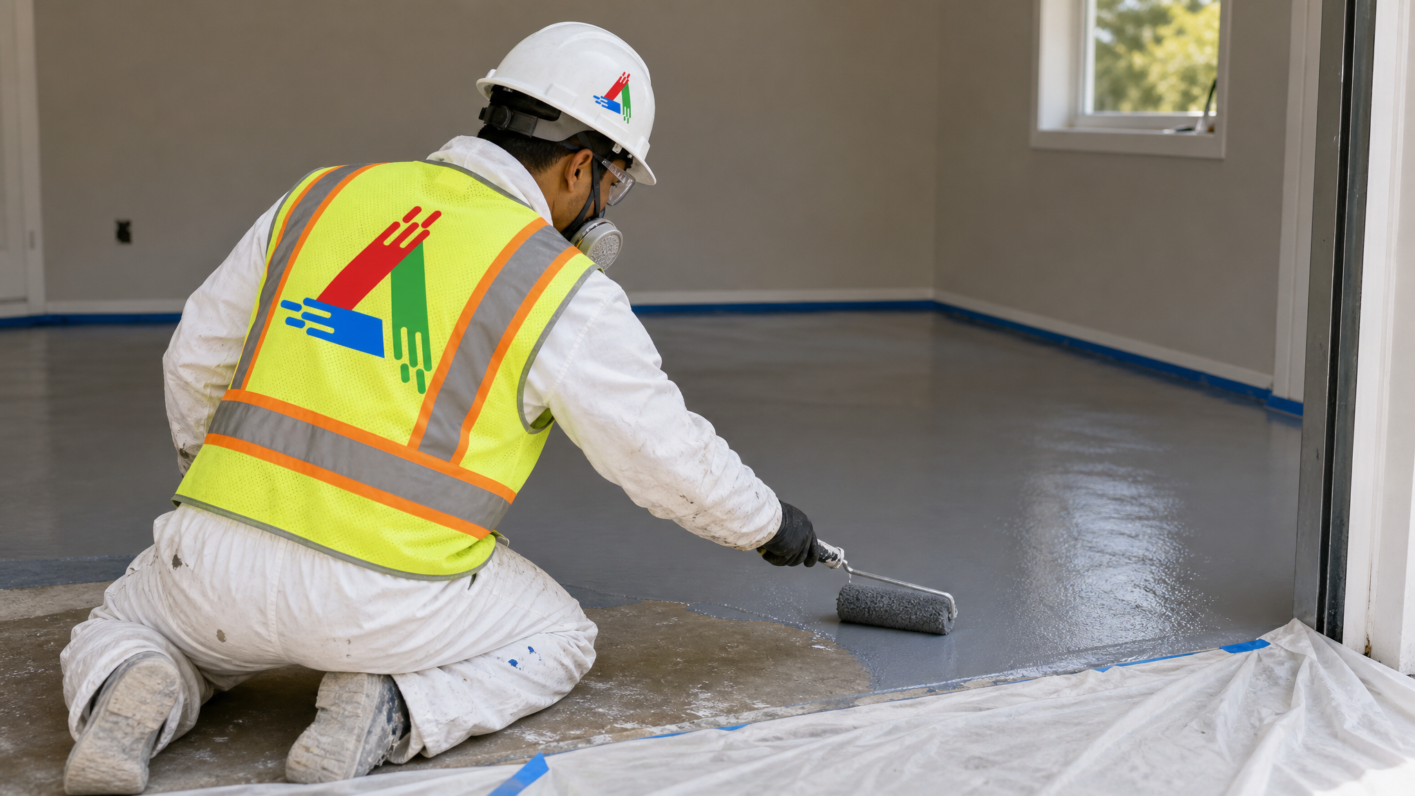 Professional painter in a respirator, safety glasses and gloves rolling epoxy coating onto a prepped Toronto garage floor with taped edges