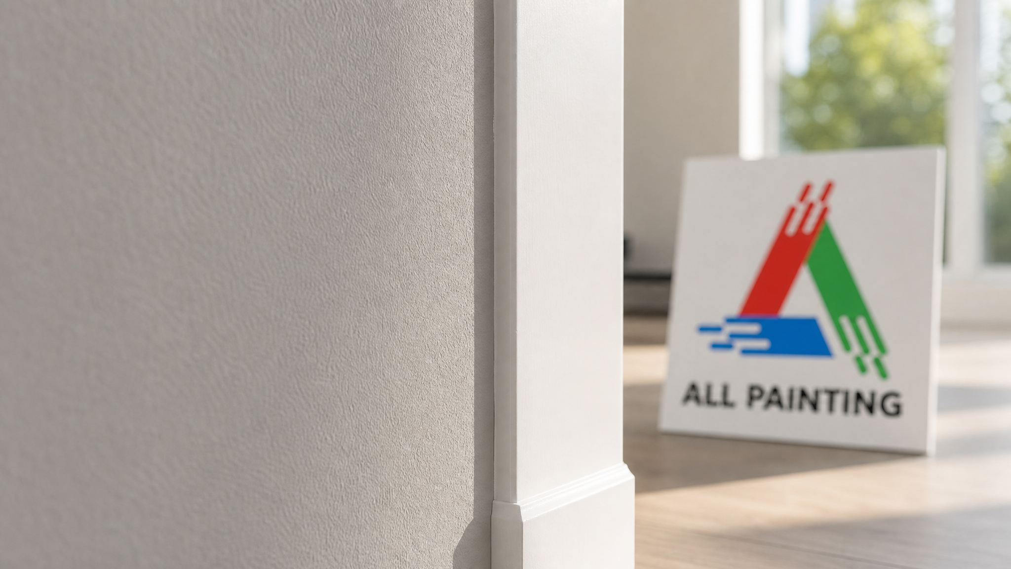 Close-up of a crisp cut-in line where a painted office wall meets white trim, showing smooth roller texture and a clean edge