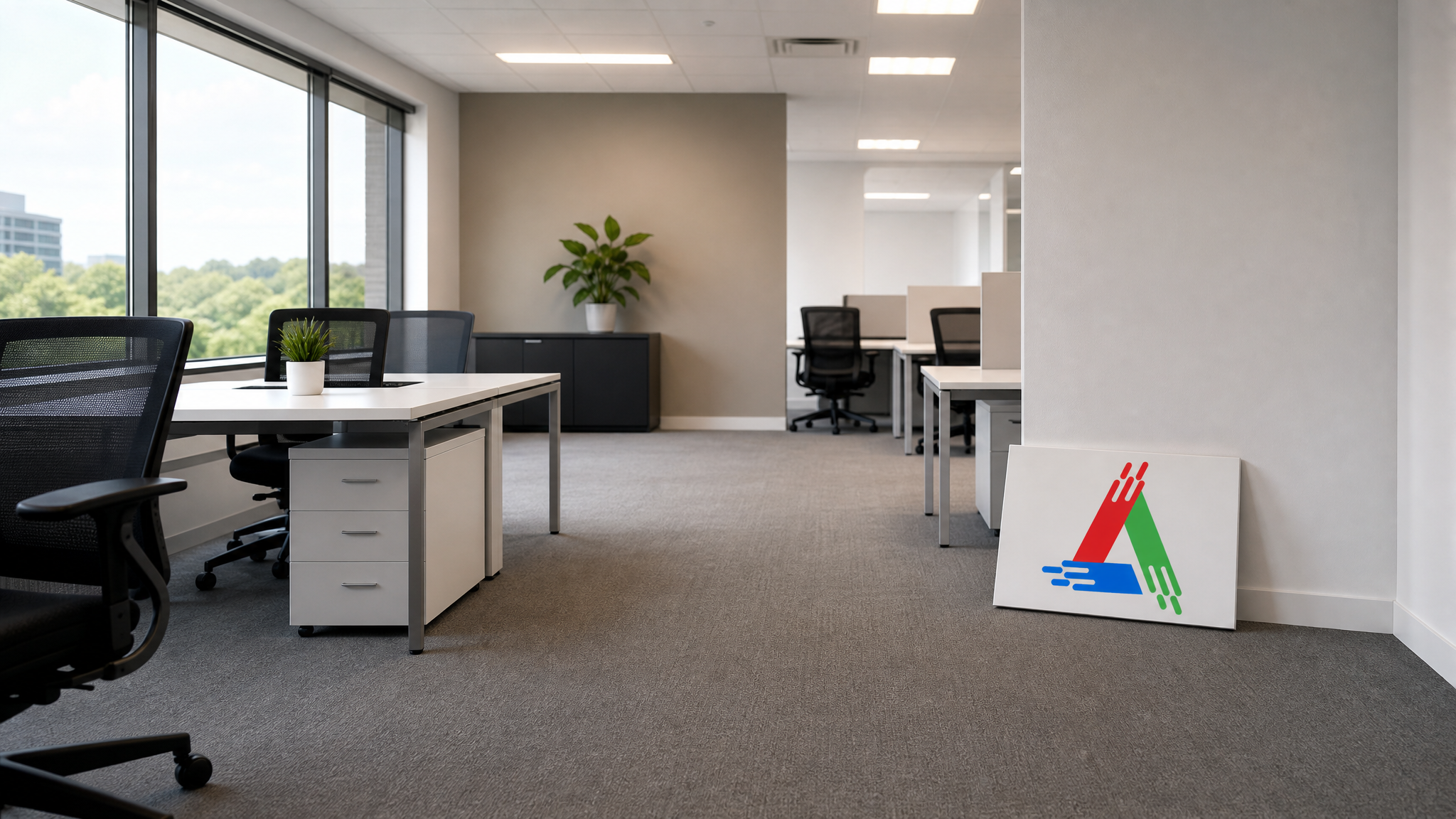 Freshly painted modern Toronto office with crisp white walls and one accent feature wall in warm summer daylight
