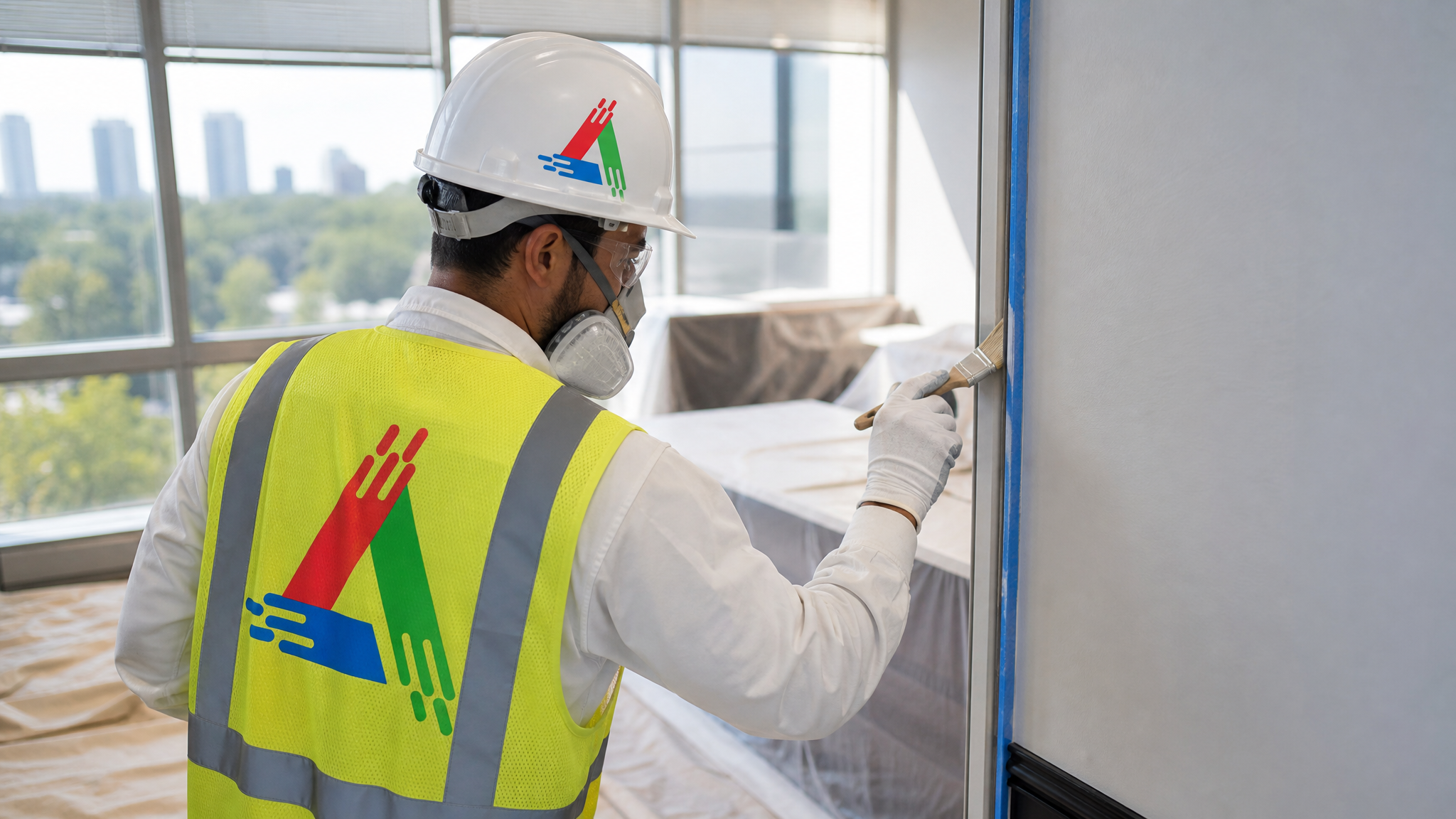Professional painter in painter's whites, respirator, safety glasses and gloves cutting in a Toronto office wall with drop sheets and painter's tape protecting the floor