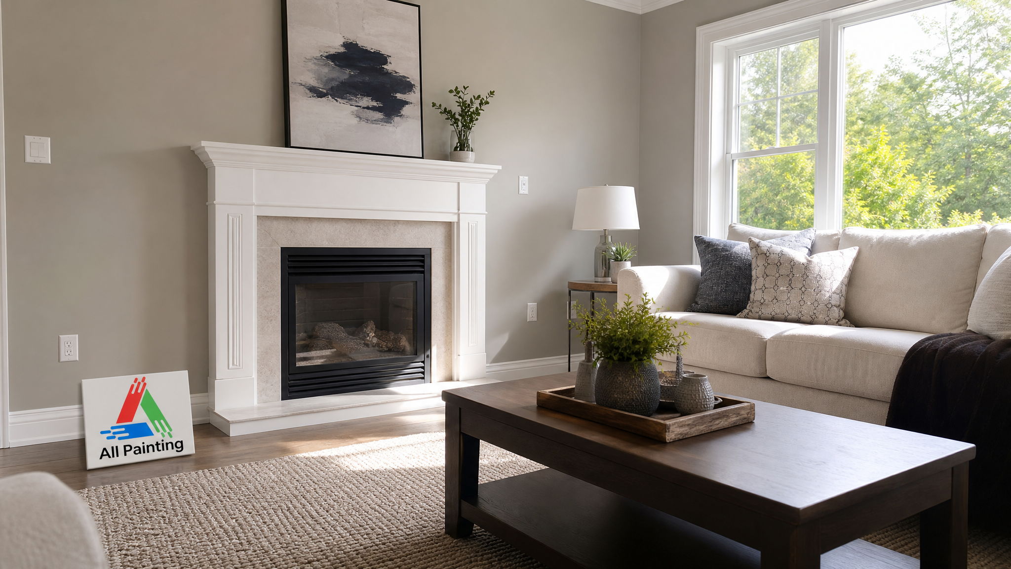 Freshly painted bright interior living room in a Toronto home with crisp white trim and warm grey walls
