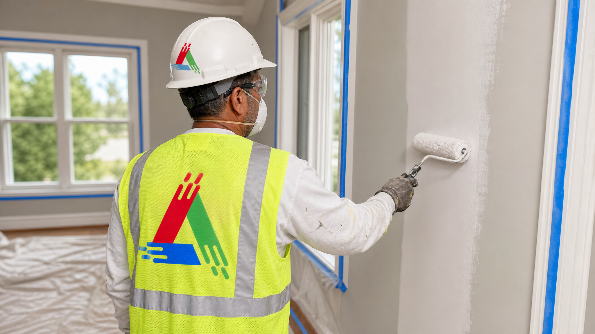 Professional painter in protective attire rolling paint onto a wall with drop sheets and tape protecting the floor and trim