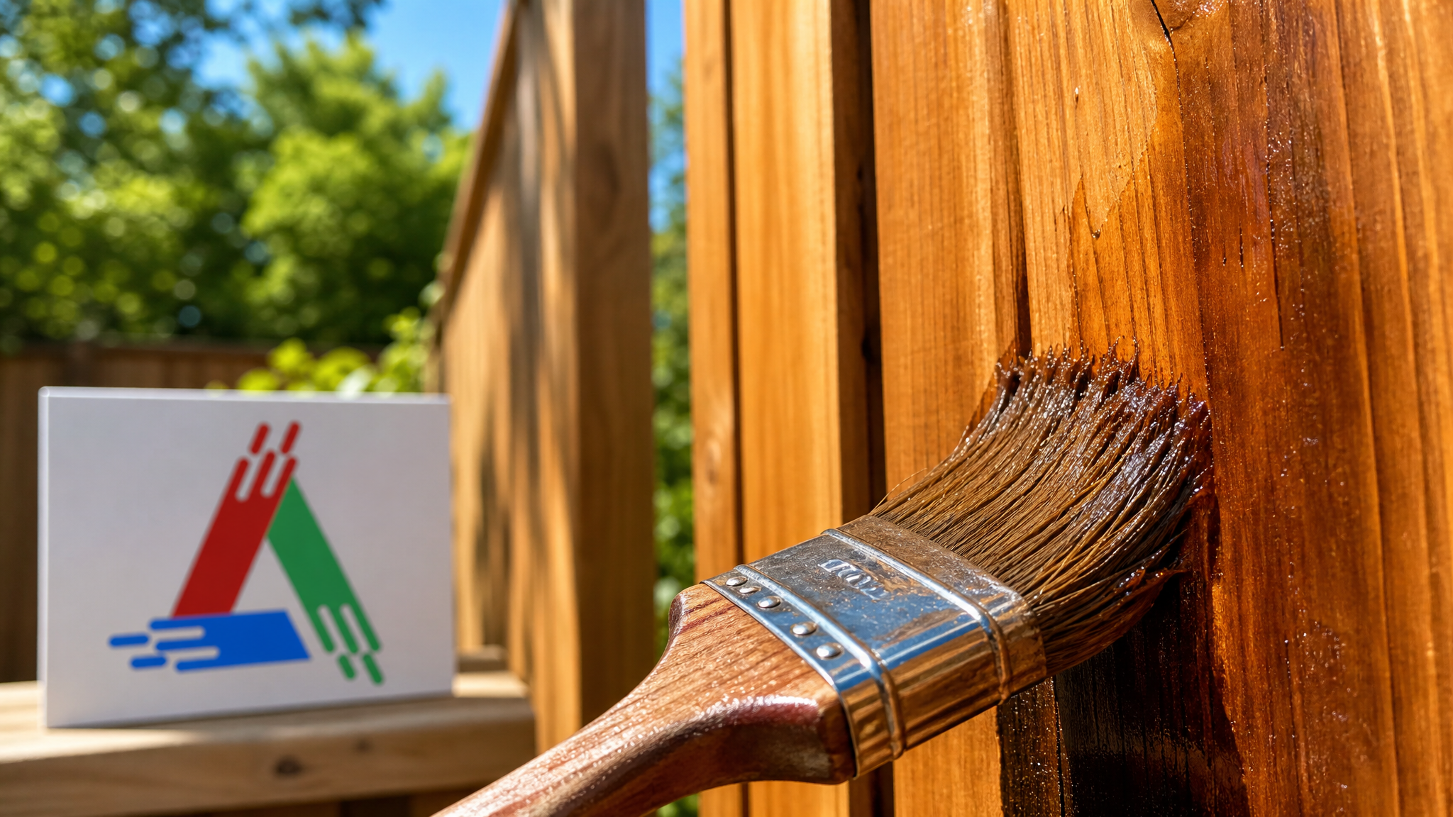 Close-up of penetrating wood stain soaking into cedar fence grain with visible brush texture
