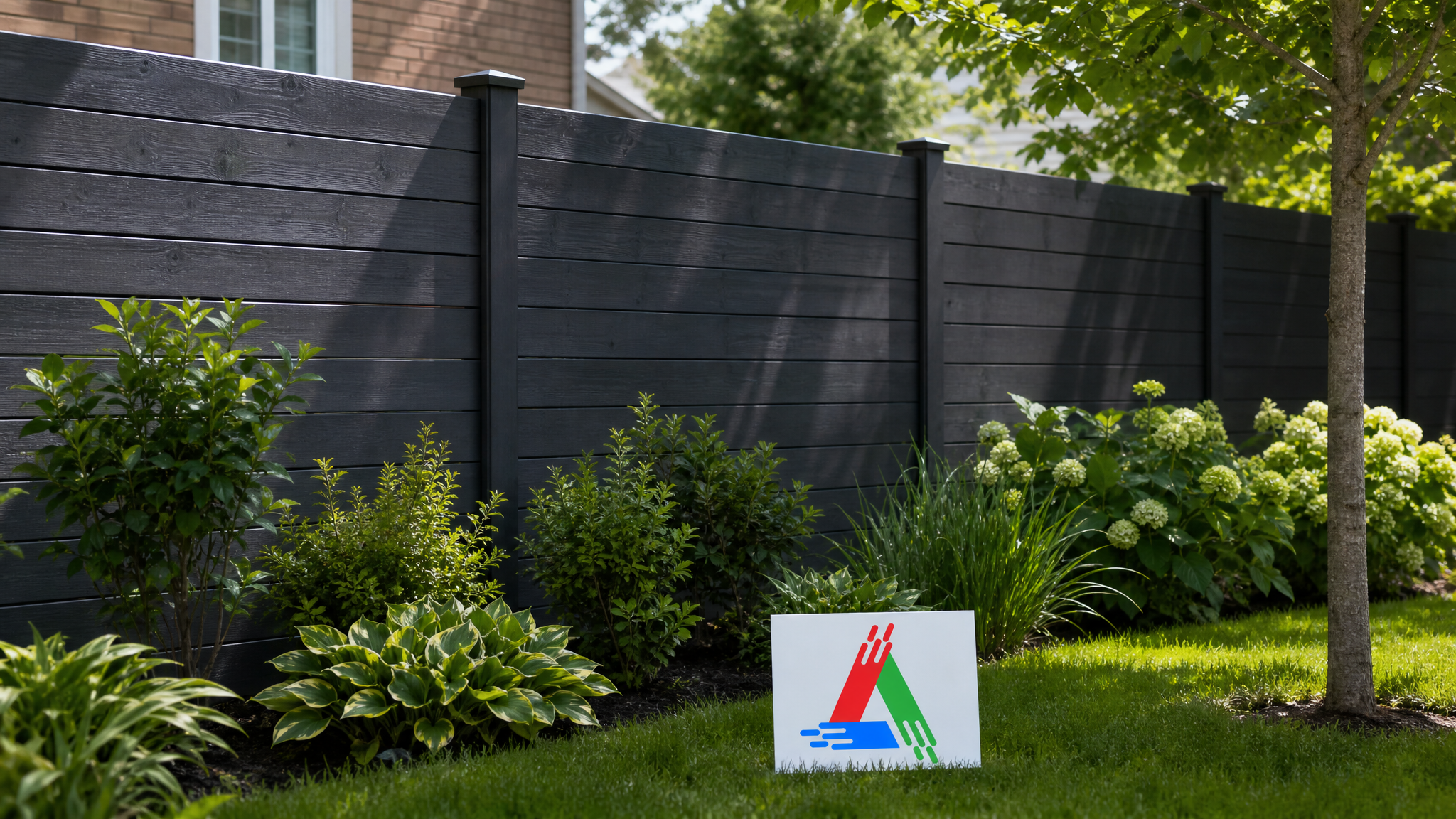 Freshly painted charcoal grey wood privacy fence in a Toronto backyard on a sunny summer day