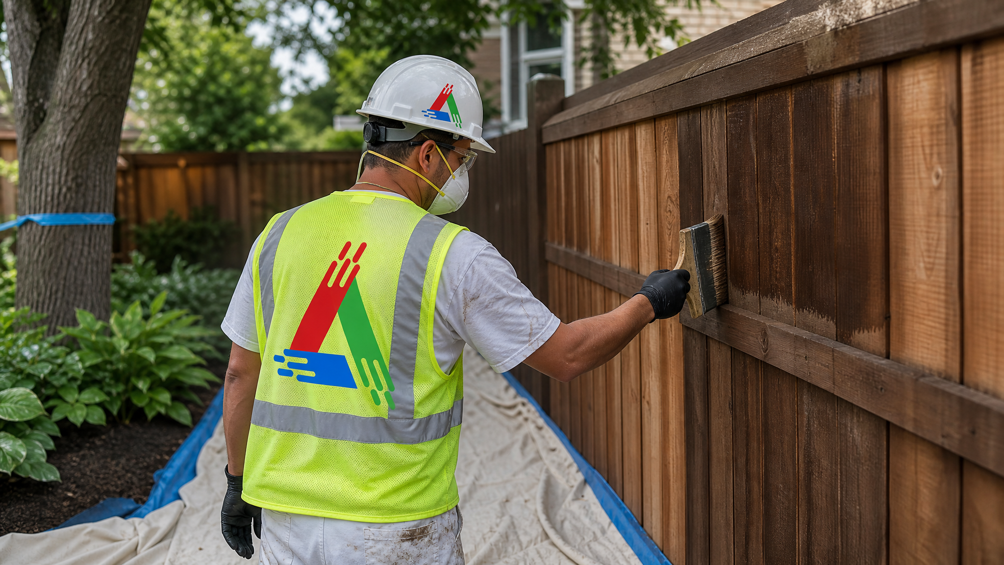 Professional painter in a respirator and gloves staining a wood fence with drop sheets protecting the ground