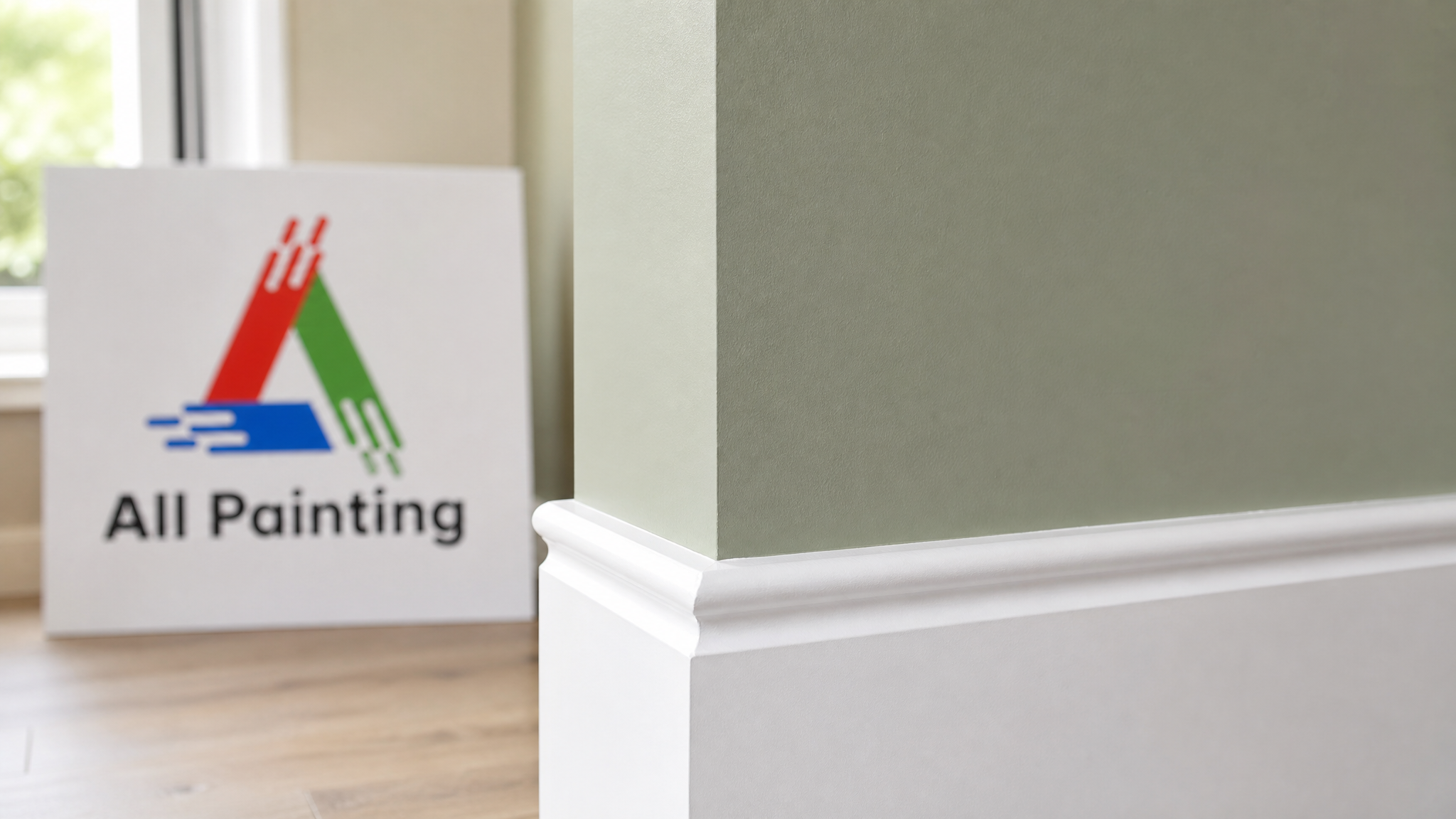 Close-up of a crisp cut-in line where a warm sage wall meets white trim, showing a clean 2026 paint finish