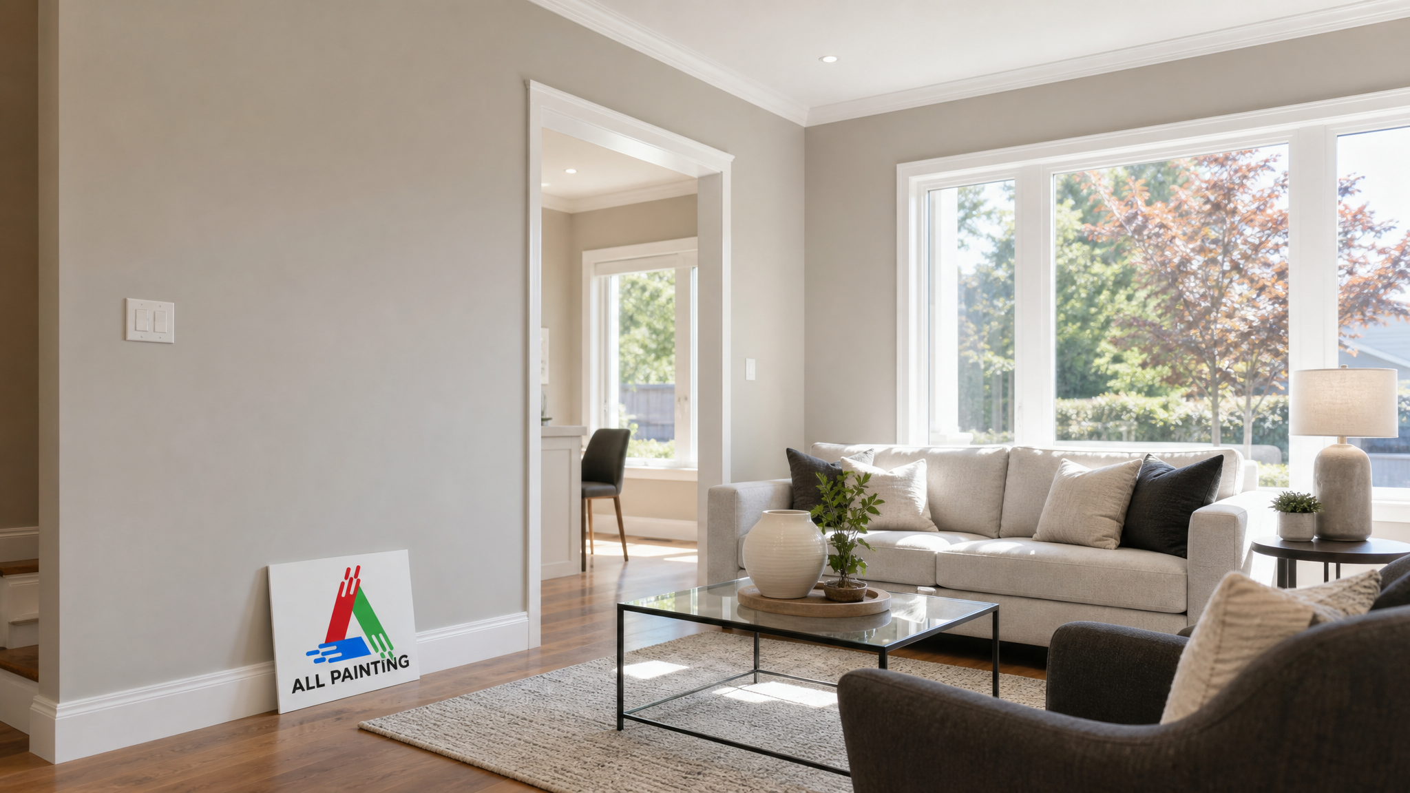 Freshly painted Toronto living room in a warm greige colour with white trim, showing 2026 paint colour trends