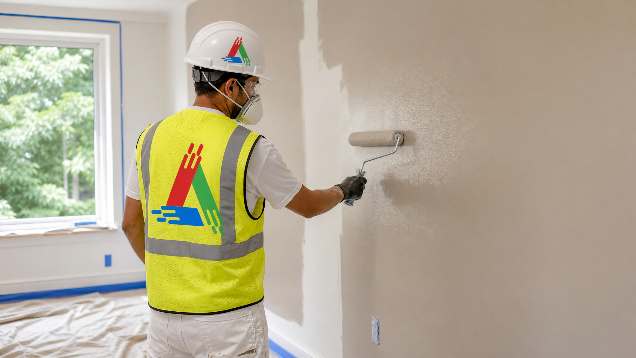 Professional painter in a respirator and safety glasses rolling a warm neutral paint colour onto a Toronto living room wall with drop sheets down