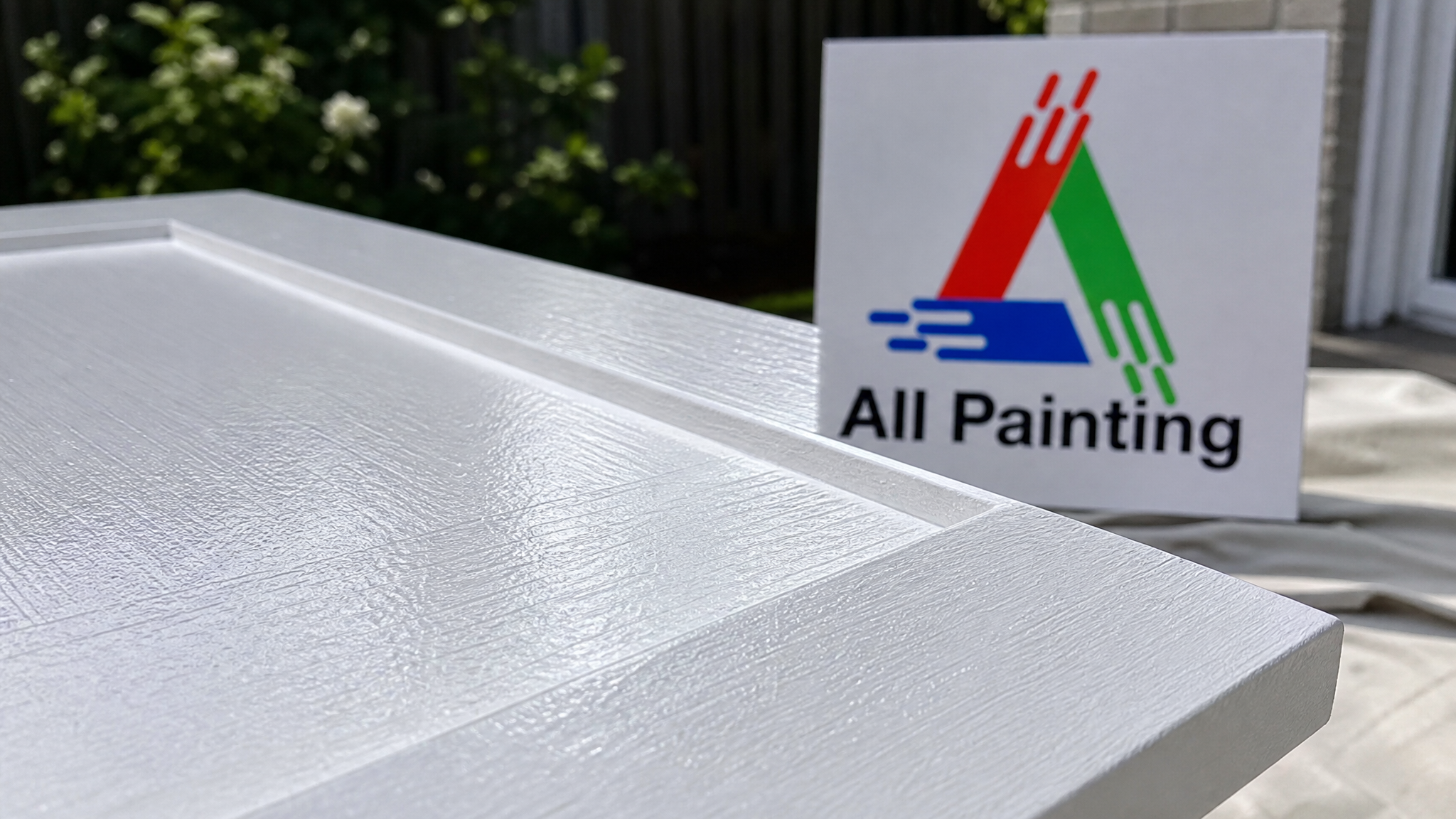 Close-up of a smooth sprayed enamel finish on a Shaker cabinet door showing a crisp clean edge