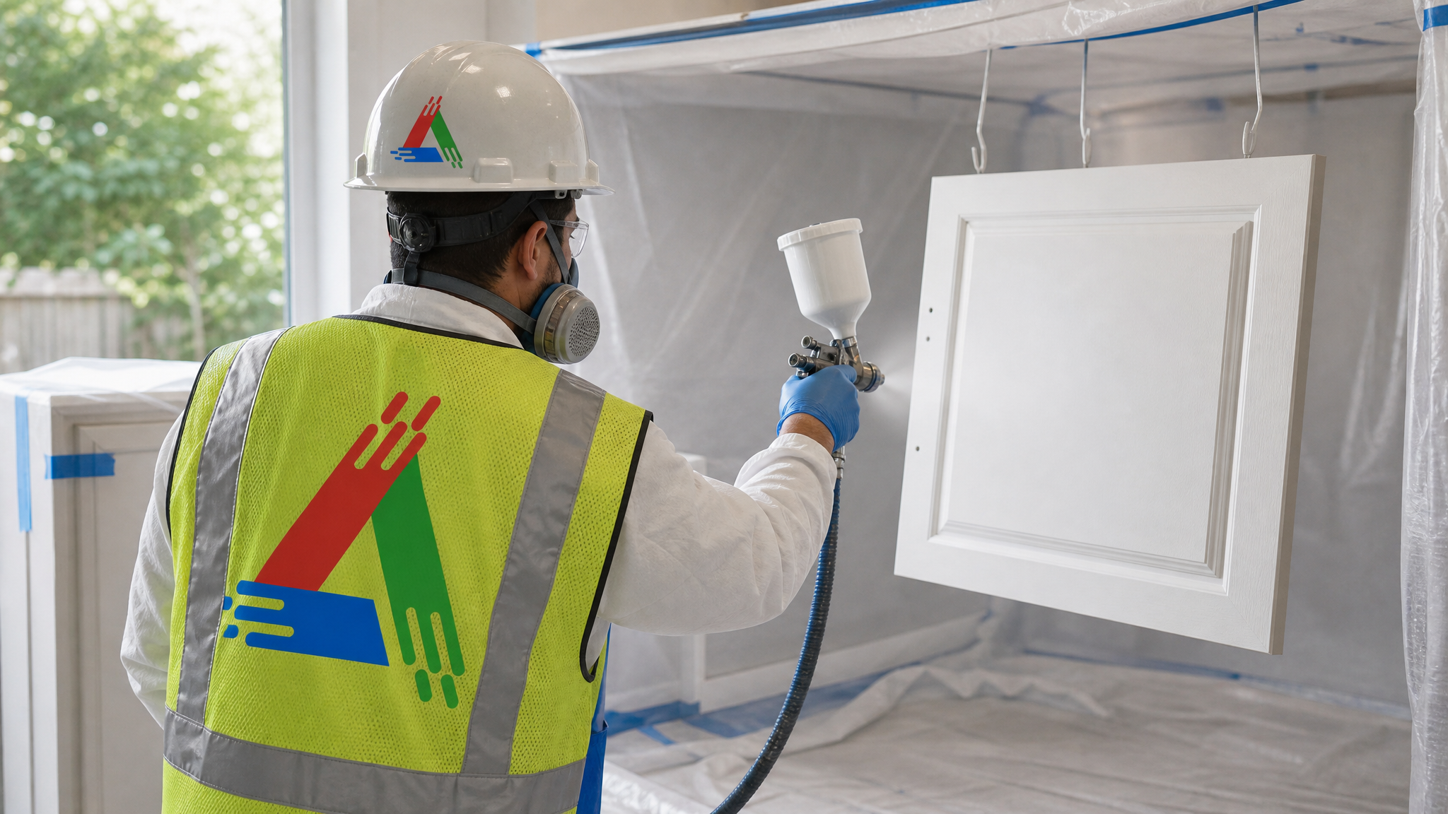 Professional All Painting painter spraying a kitchen cabinet door with drop sheets and painter's tape protecting the surfaces