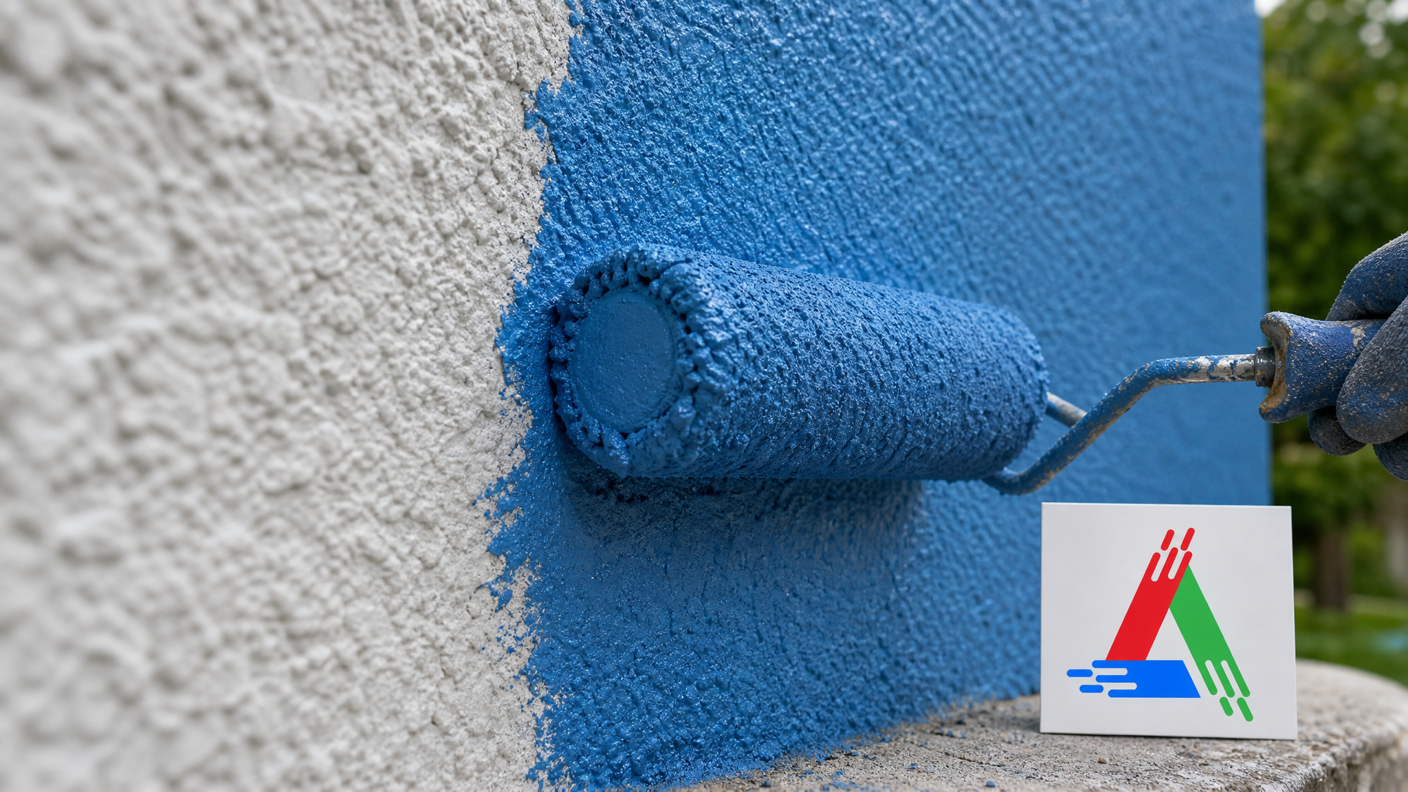 Close-up of freshly applied paint filling the texture of stucco with a small All Painting sign placard nearby