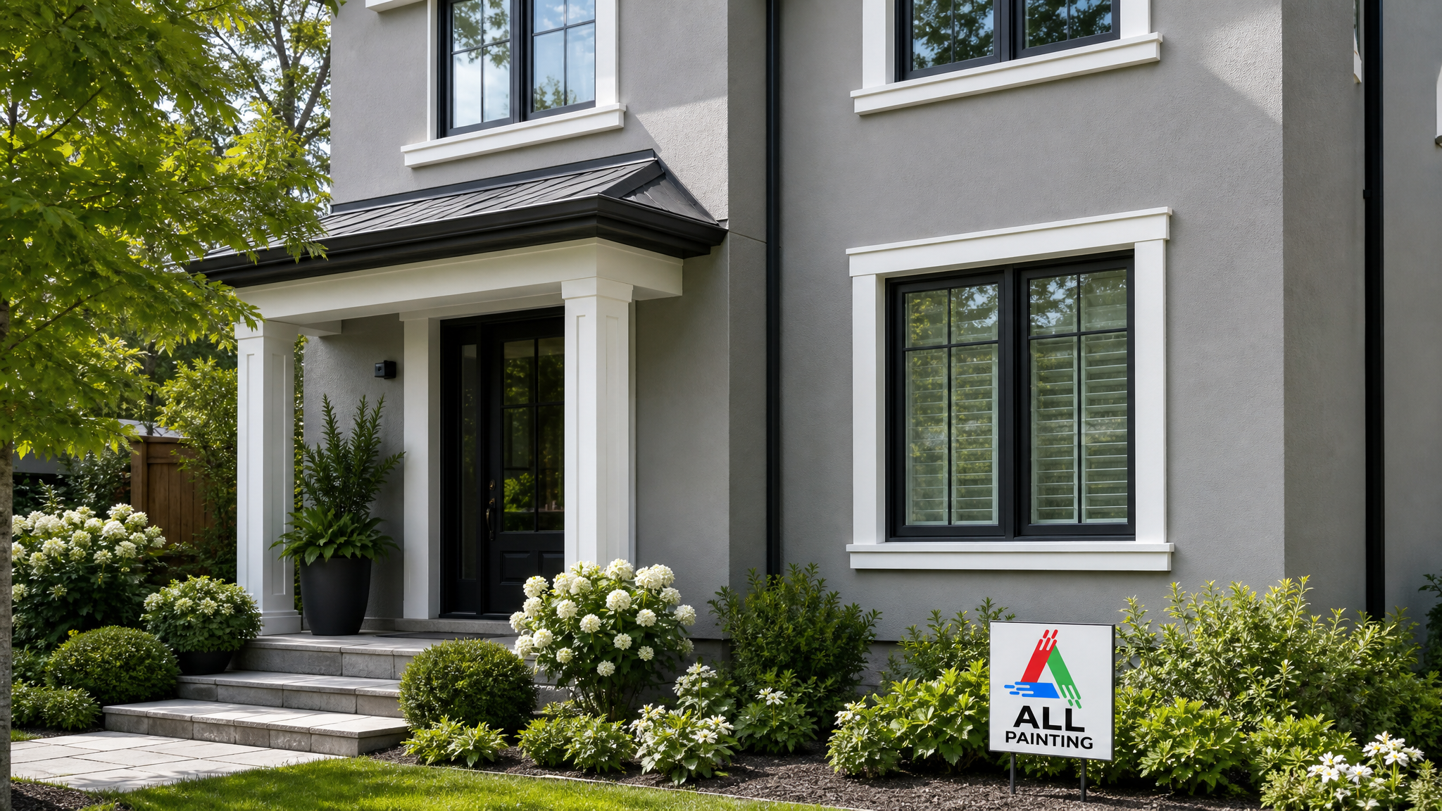 Freshly painted warm-grey stucco exterior of a Toronto home with crisp trim in summer daylight