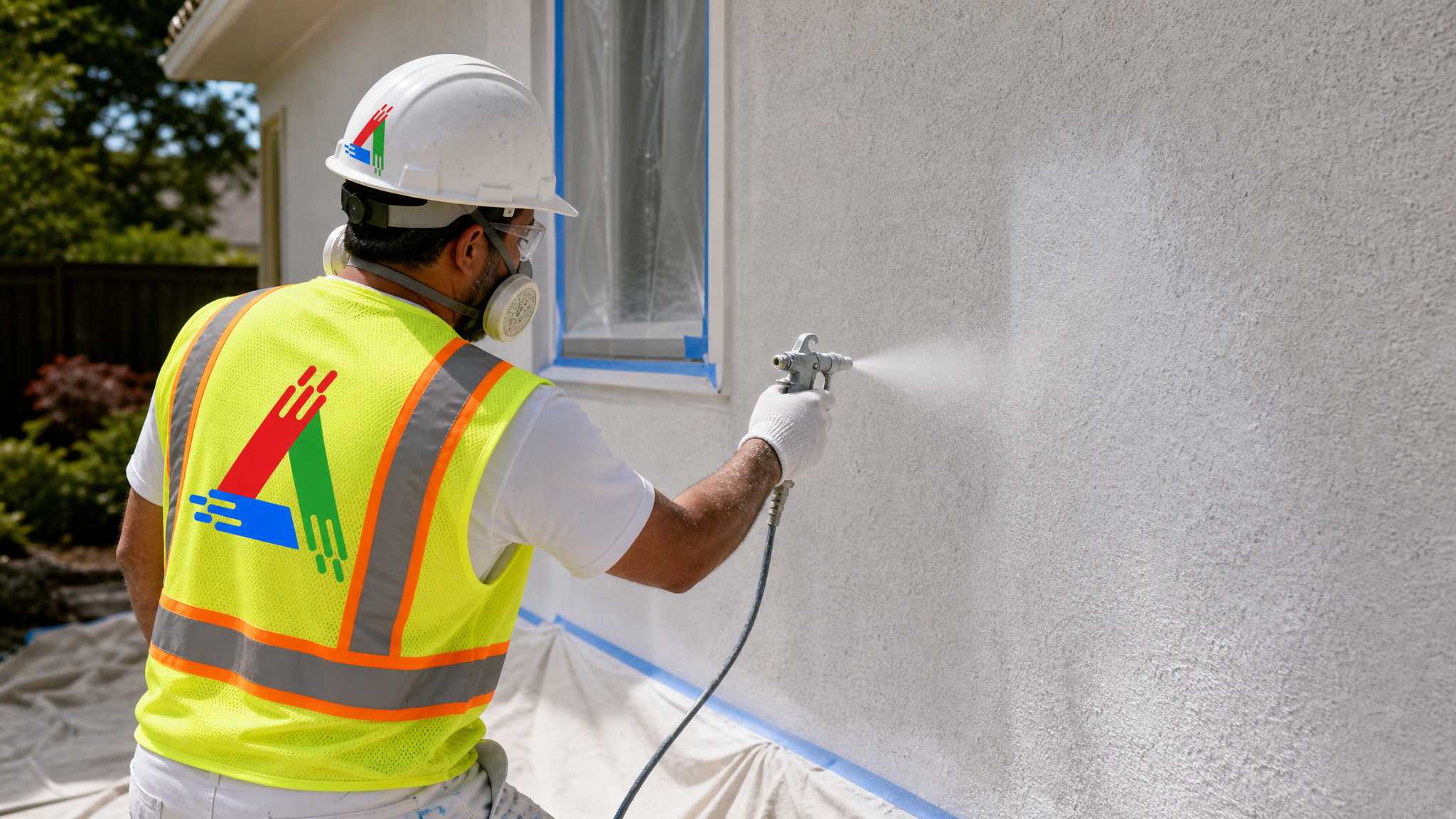 Professional painter in respirator and safety glasses spraying primer onto prepped stucco with drop sheets protecting the ground