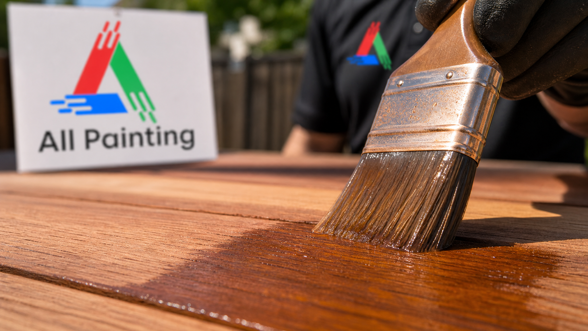 Close-up of semi-transparent stain penetrating the wood grain of a deck board with an All Painting sign placard nearby