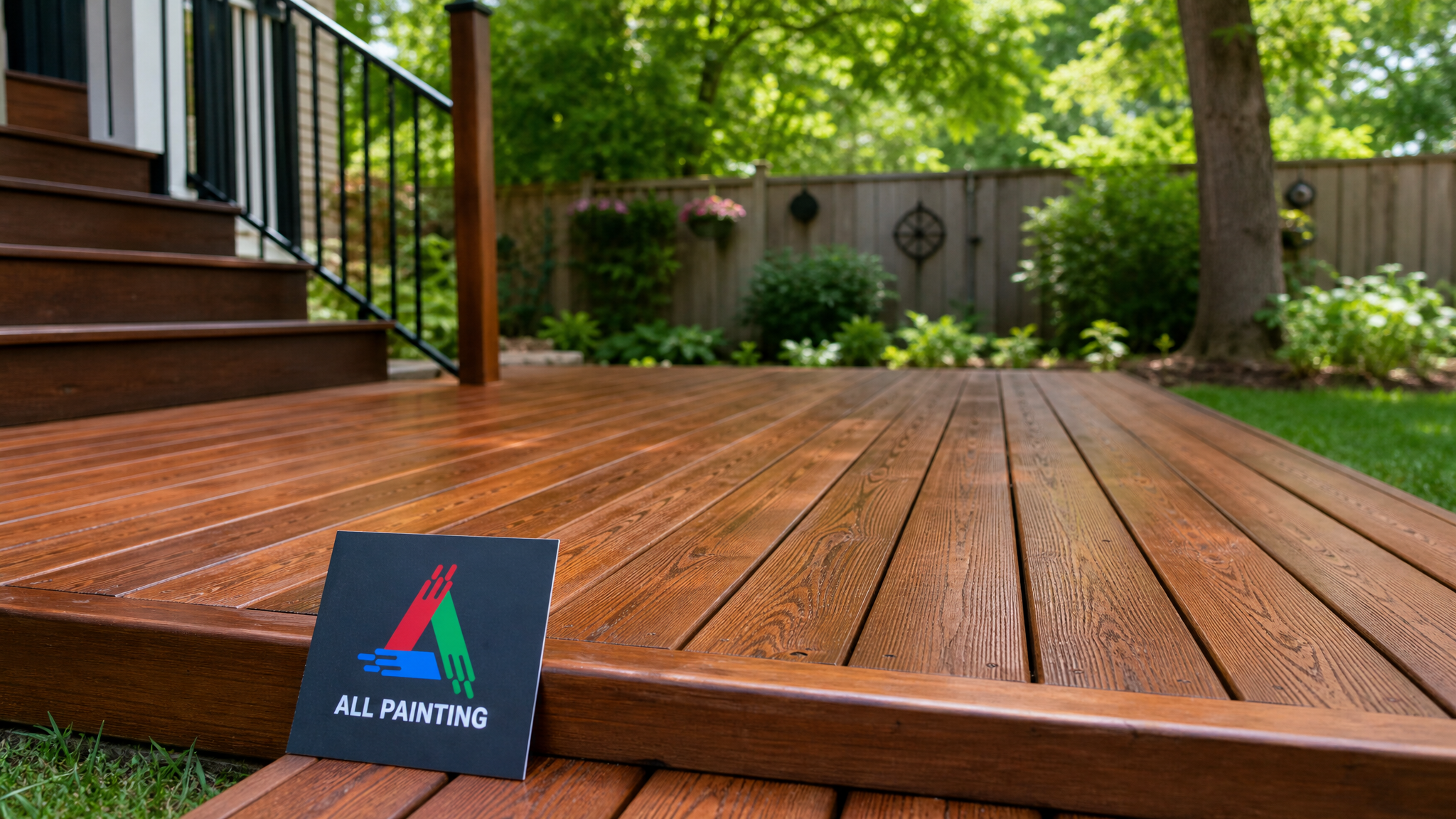 Freshly stained cedar backyard deck in a Toronto home with a rich warm semi-transparent finish