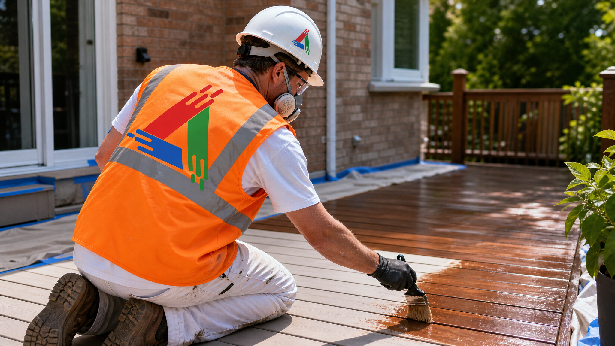 Professional All Painting painter in a respirator and gloves brushing stain onto a deck board with drop sheets protecting the patio
