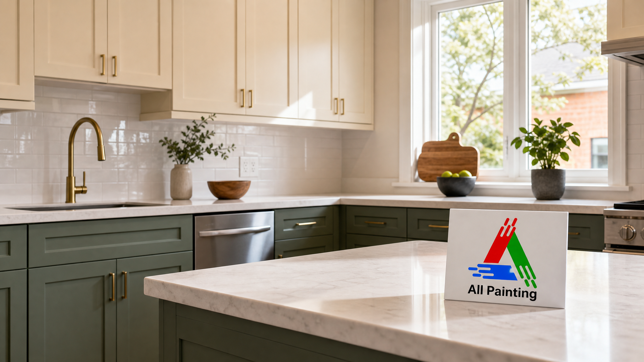 Freshly painted white and deep green kitchen cabinets in a bright Toronto home