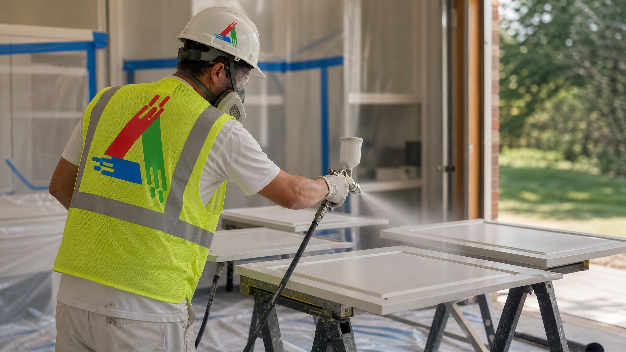 Professional painter in a respirator and gloves spraying kitchen cabinet doors on a drop sheet