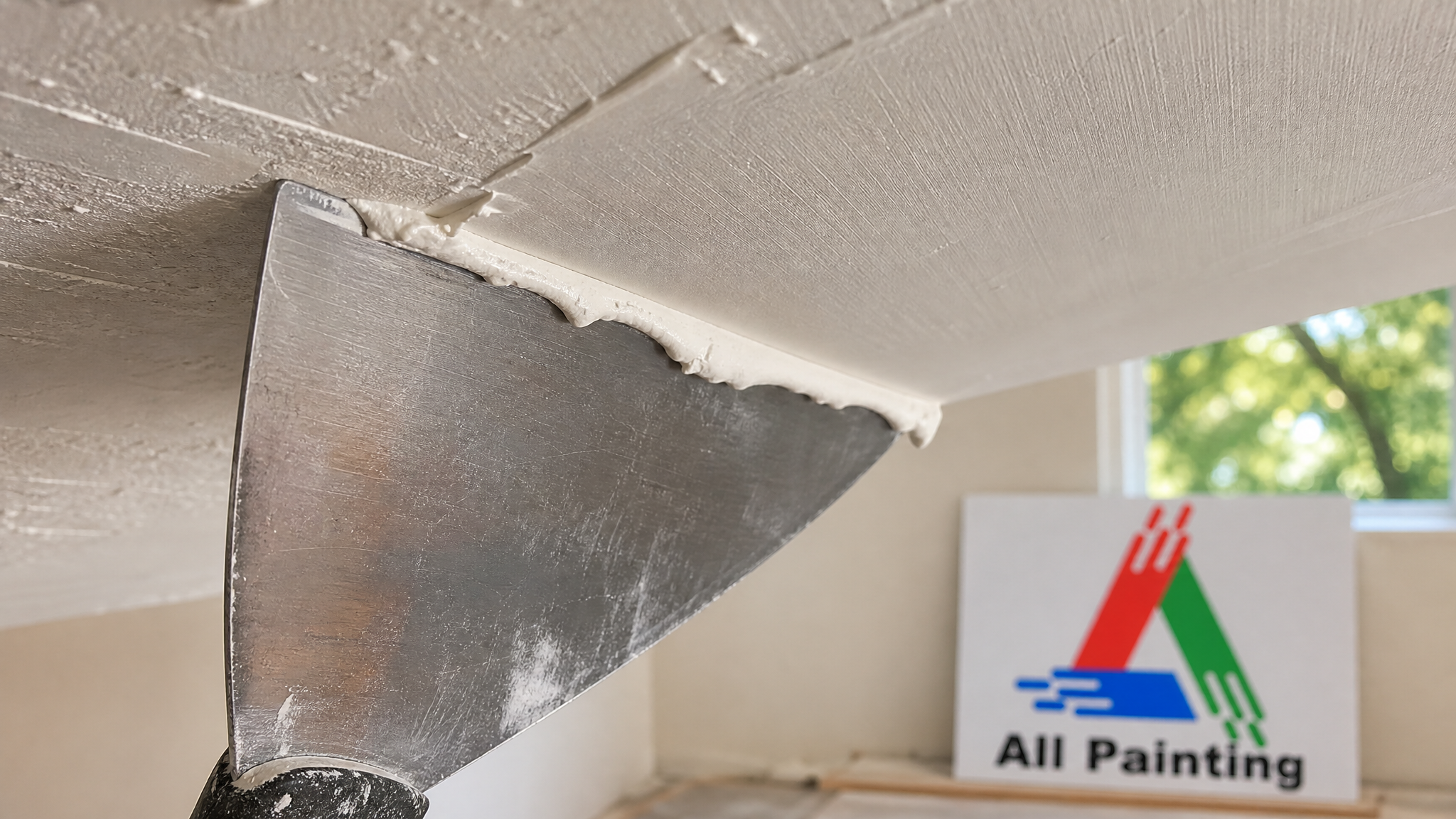Close-up of a taping knife applying a smooth skim coat of joint compound over a scraped ceiling with a crisp finished edge