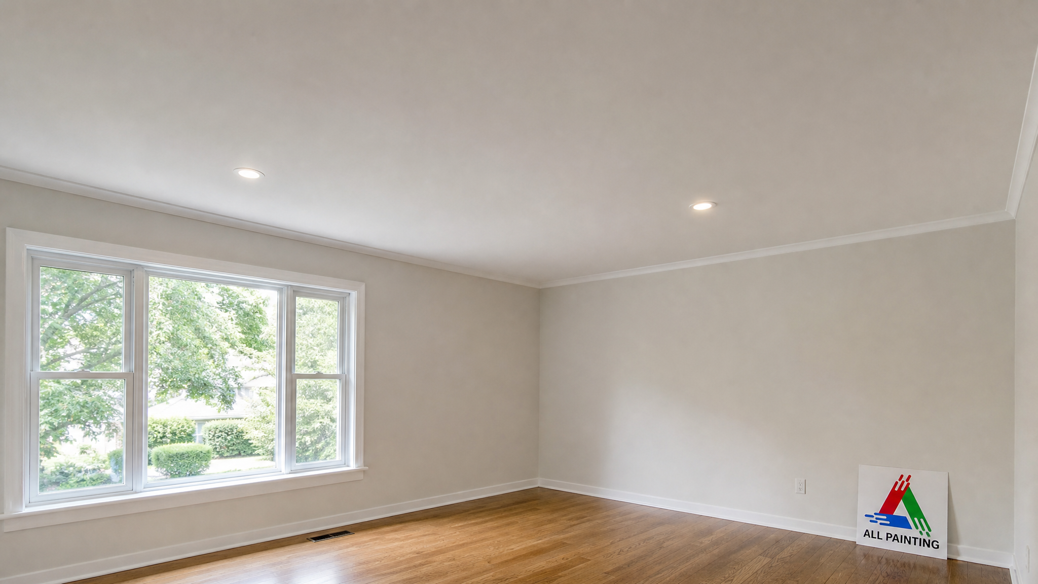 Freshly scraped and repainted smooth flat white ceiling in a bright Toronto living room after popcorn ceiling removal