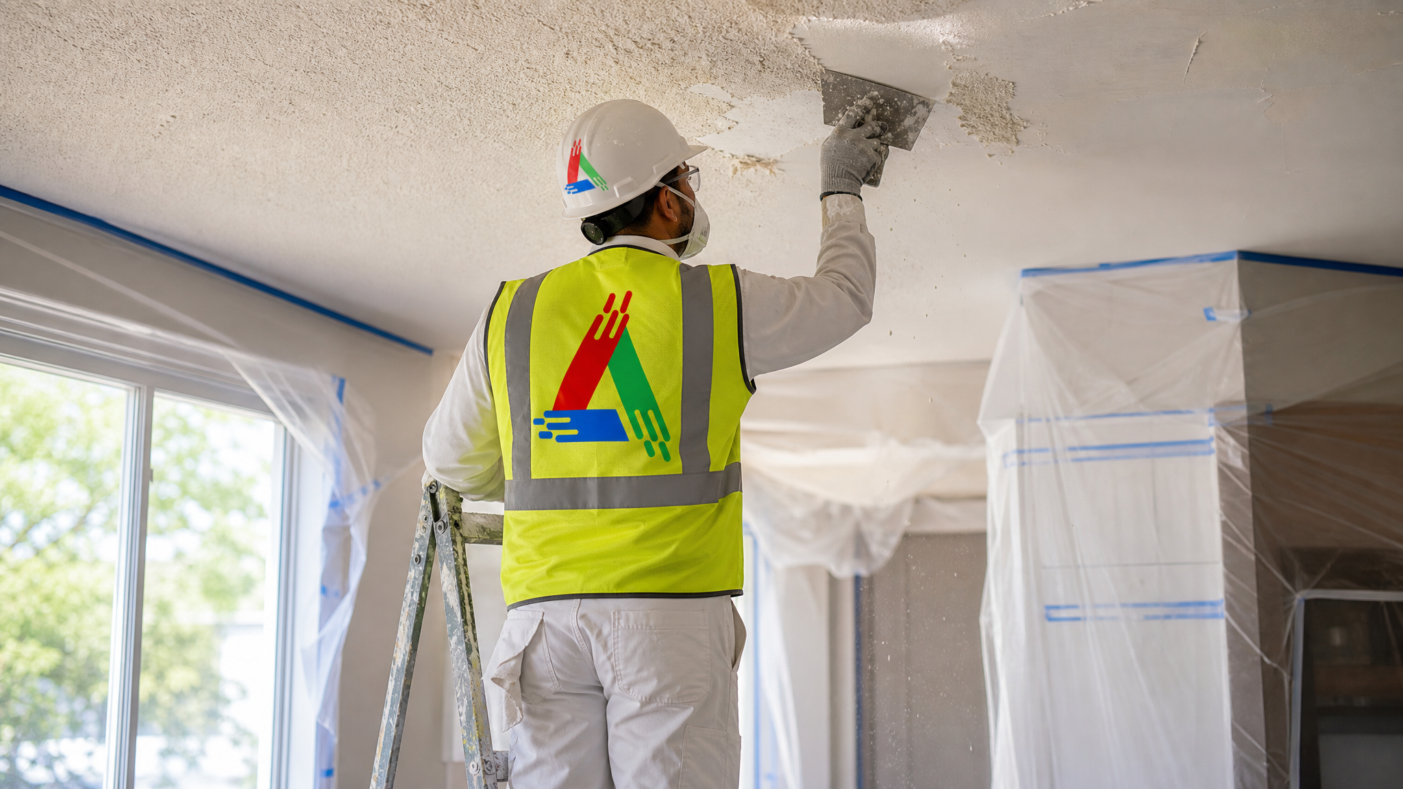 Professional painter wearing a respirator, safety glasses and gloves scraping popcorn texture off a ceiling with drop sheets protecting the floor