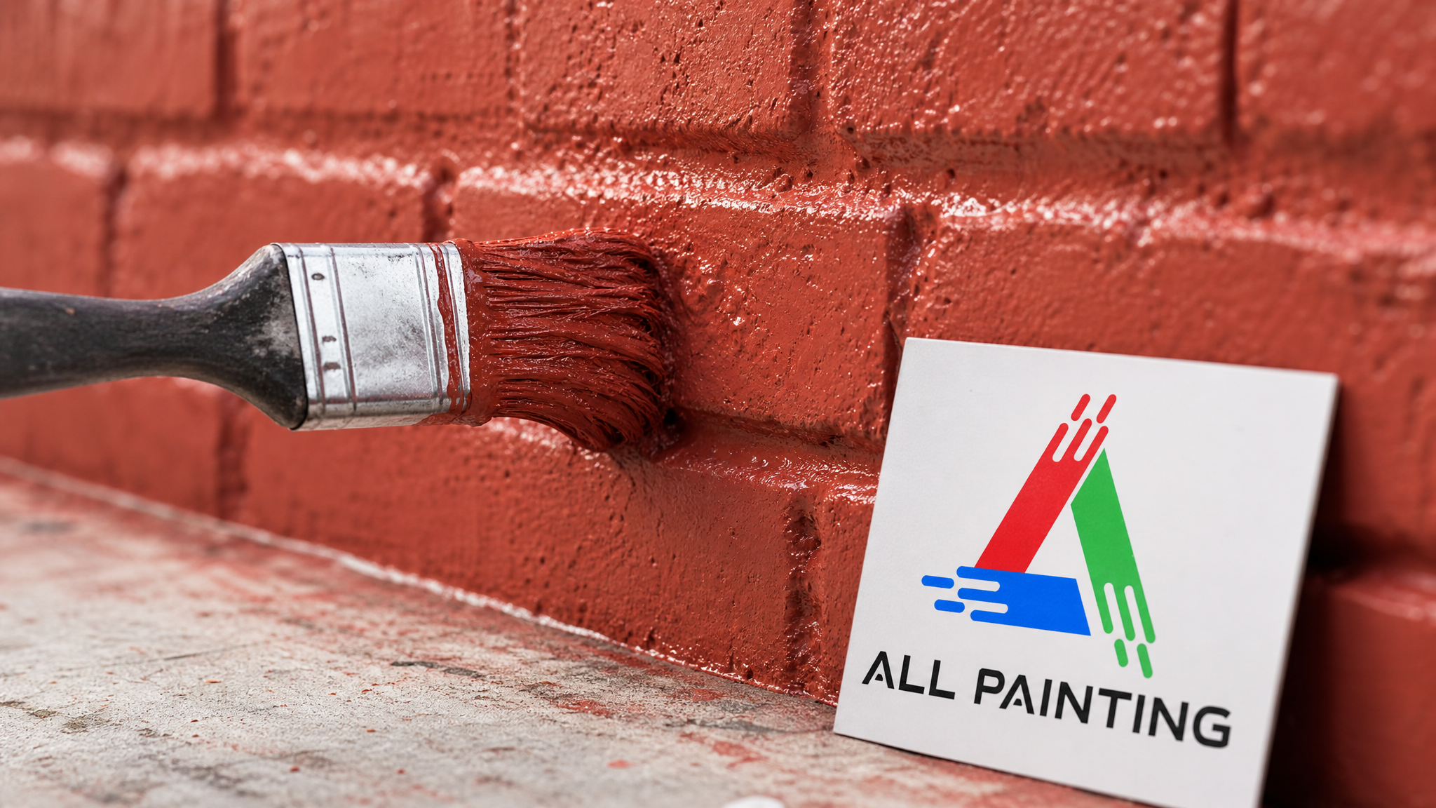 Close-up of a brush working breathable masonry paint into the texture and mortar joints of a brick wall, with a small All Painting sign placard beside it