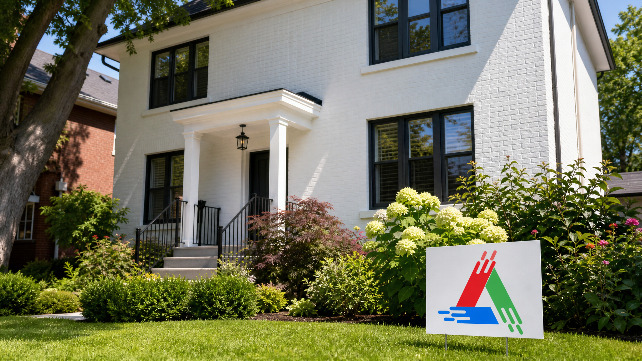 Freshly painted brick house exterior in a soft warm white with a small All Painting sign placard on the lawn on a sunny Toronto summer day