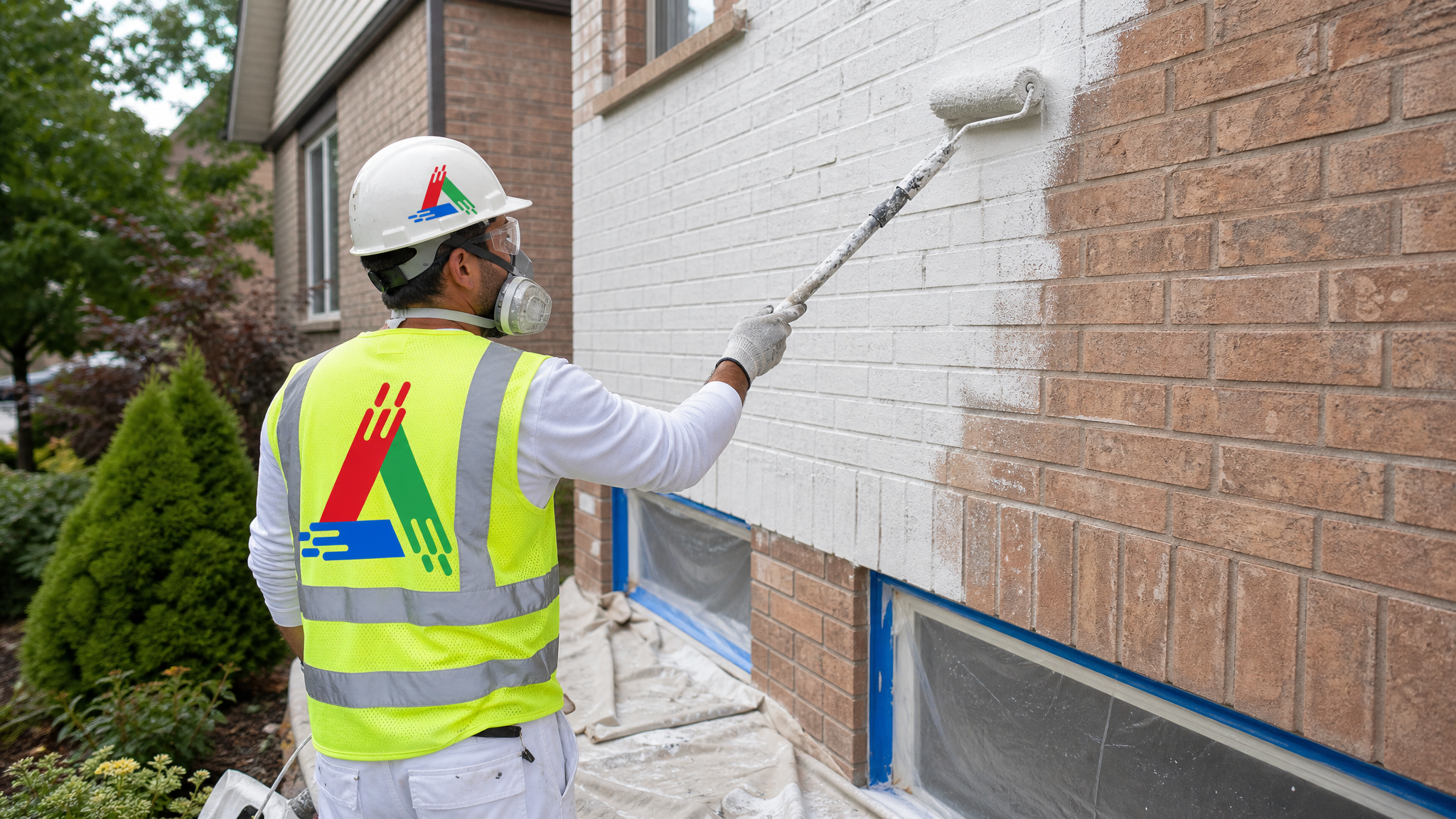 Professional All Painting painter in painter's attire, respirator, safety glasses and gloves rolling masonry paint onto a brick house wall with drop sheets protecting the garden below