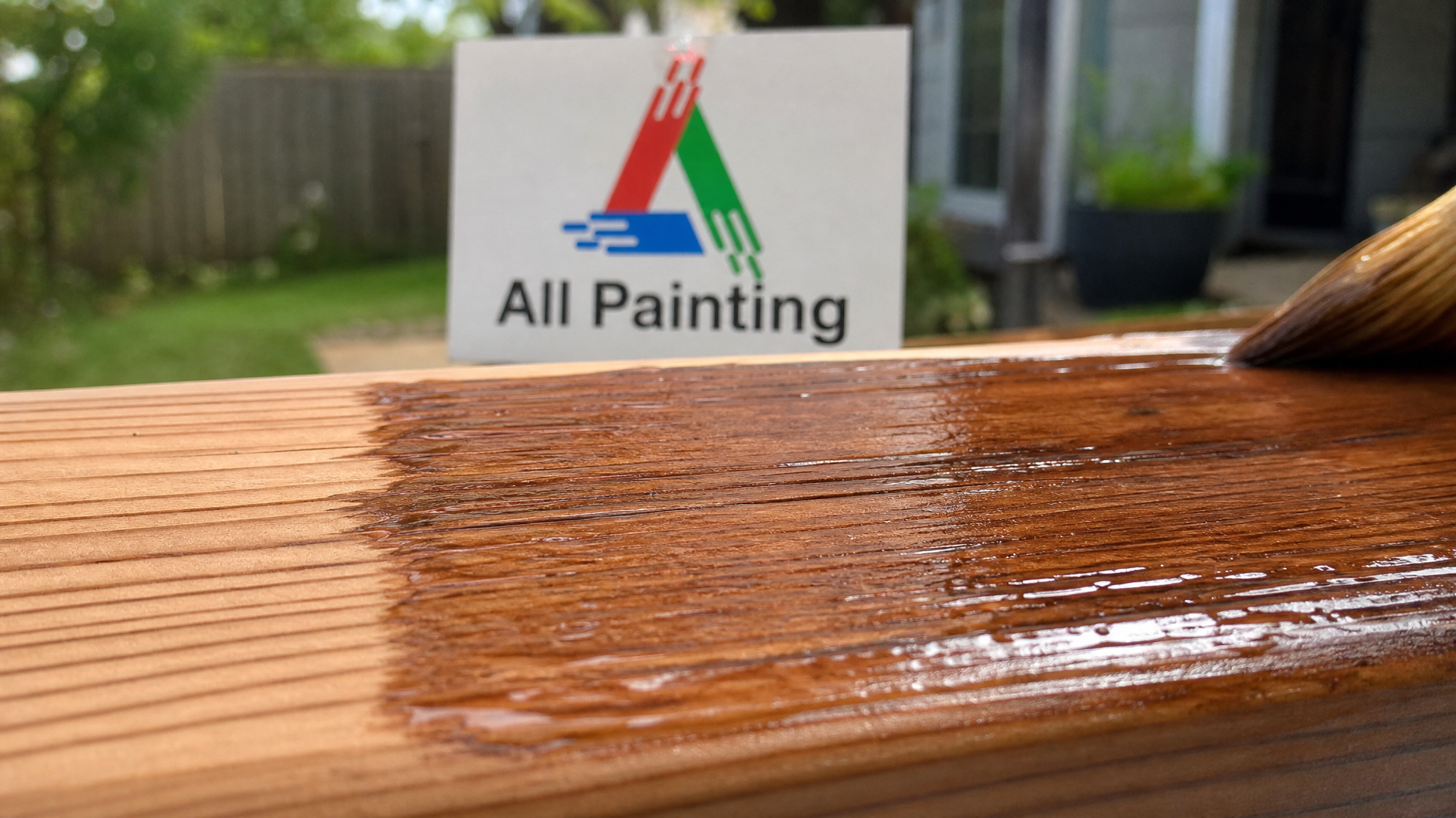 Close-up of wood stain penetrating the grain of a restored deck board