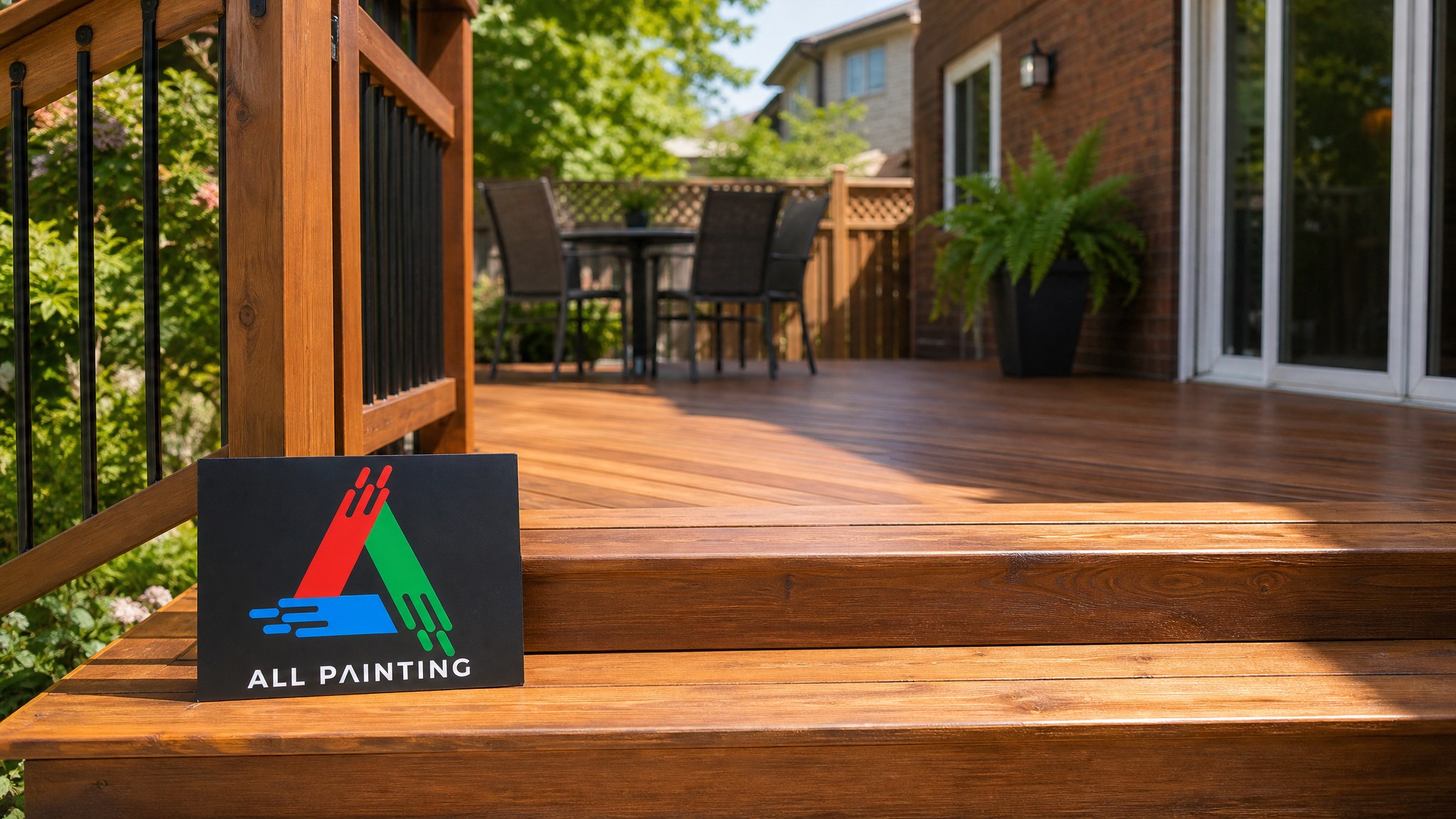 Freshly restored and stained cedar deck on a Toronto home in summer daylight