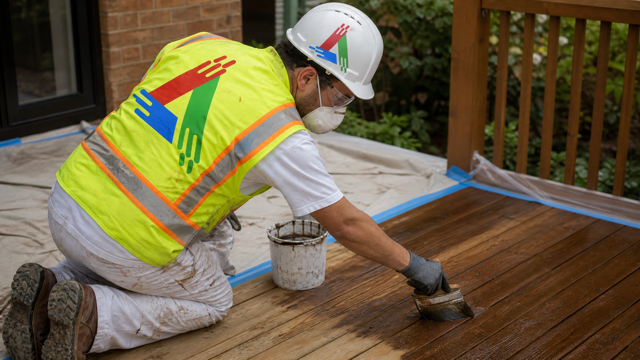 Professional painter staining deck boards with a brush wearing safety glasses and gloves